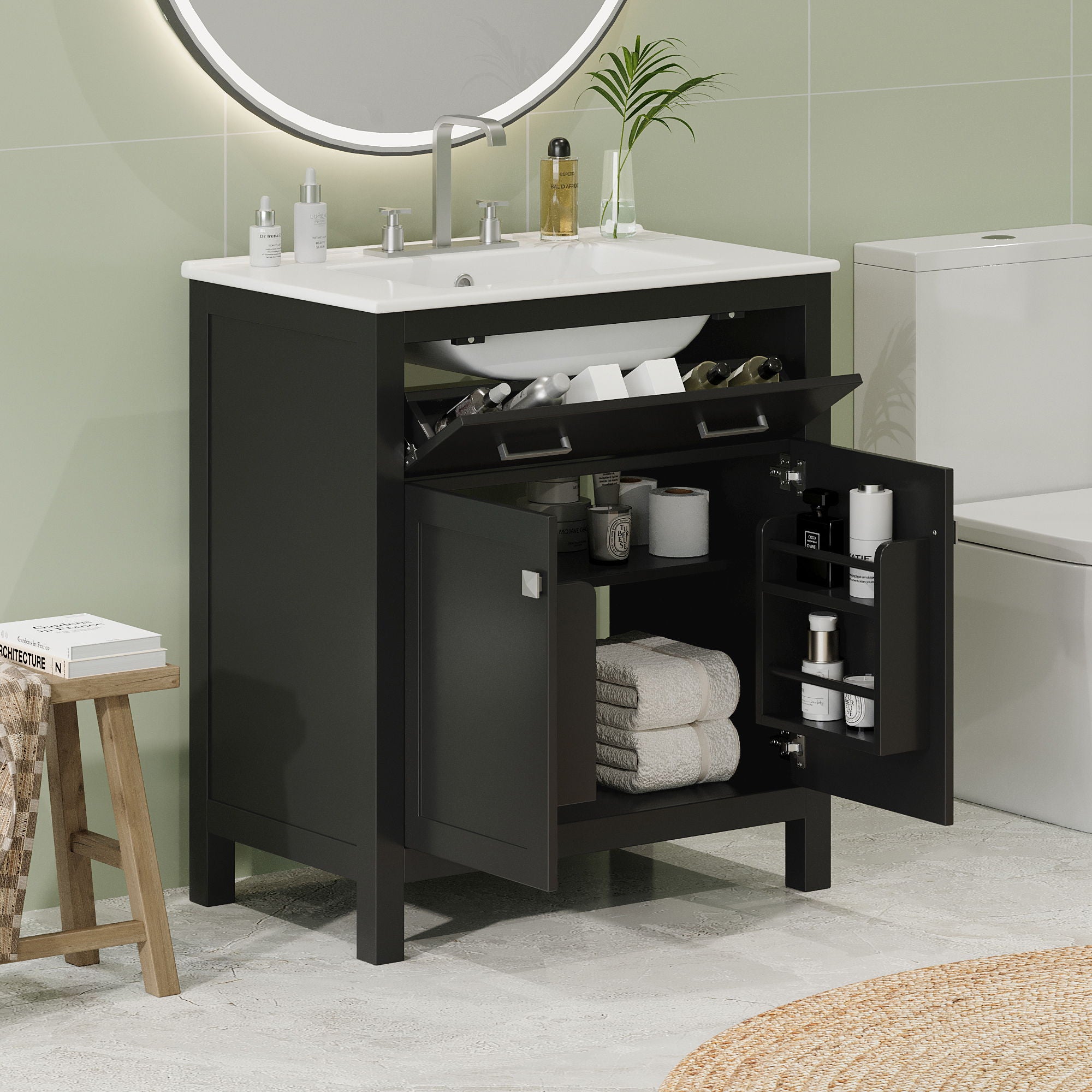 Bathroom Vanity With Ceramic Sink, Modern Single Bathroom Cabinet With 2 Doors And A Shelf, Soft Close Doors