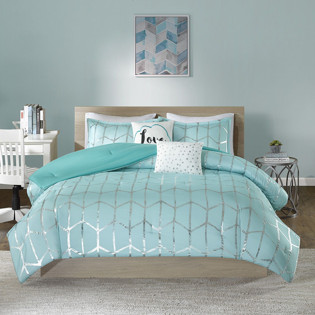 Raina - Metallic Printed Comforter Set - Aqua / Silver