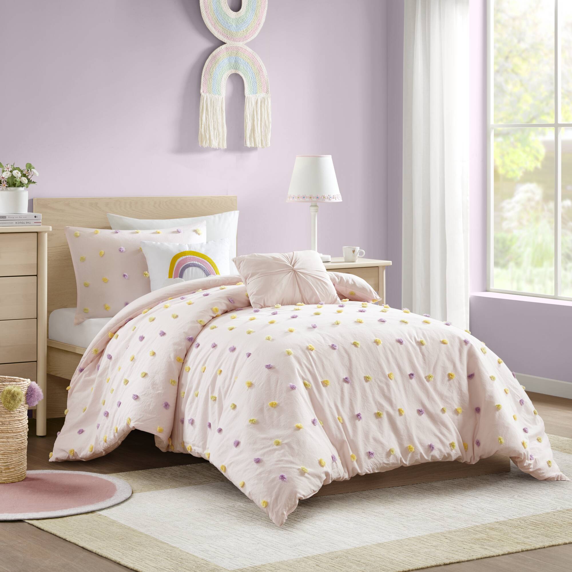 Callie - 4 Piece Twin/Twin Long Pom Pom Comforter Set - Pink Multi