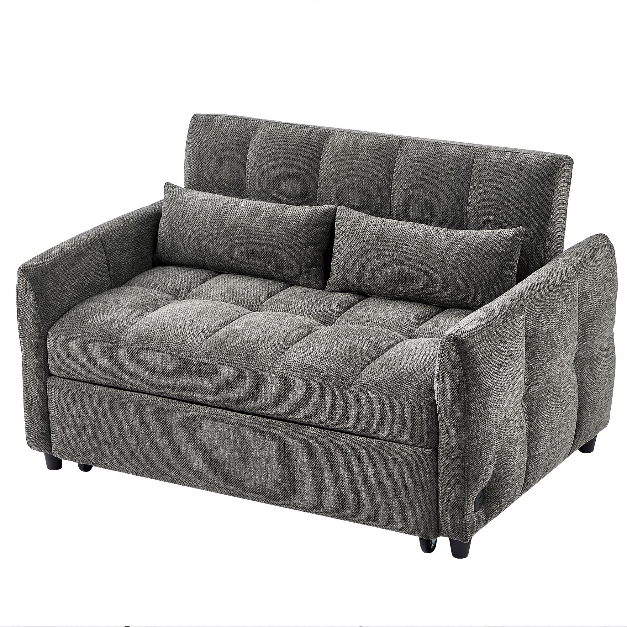 Loveseat Sofa Pull-Out Bed With Adjustable Backrest, 3 USB Ports And 2 Lumbar Pillows For Living Room