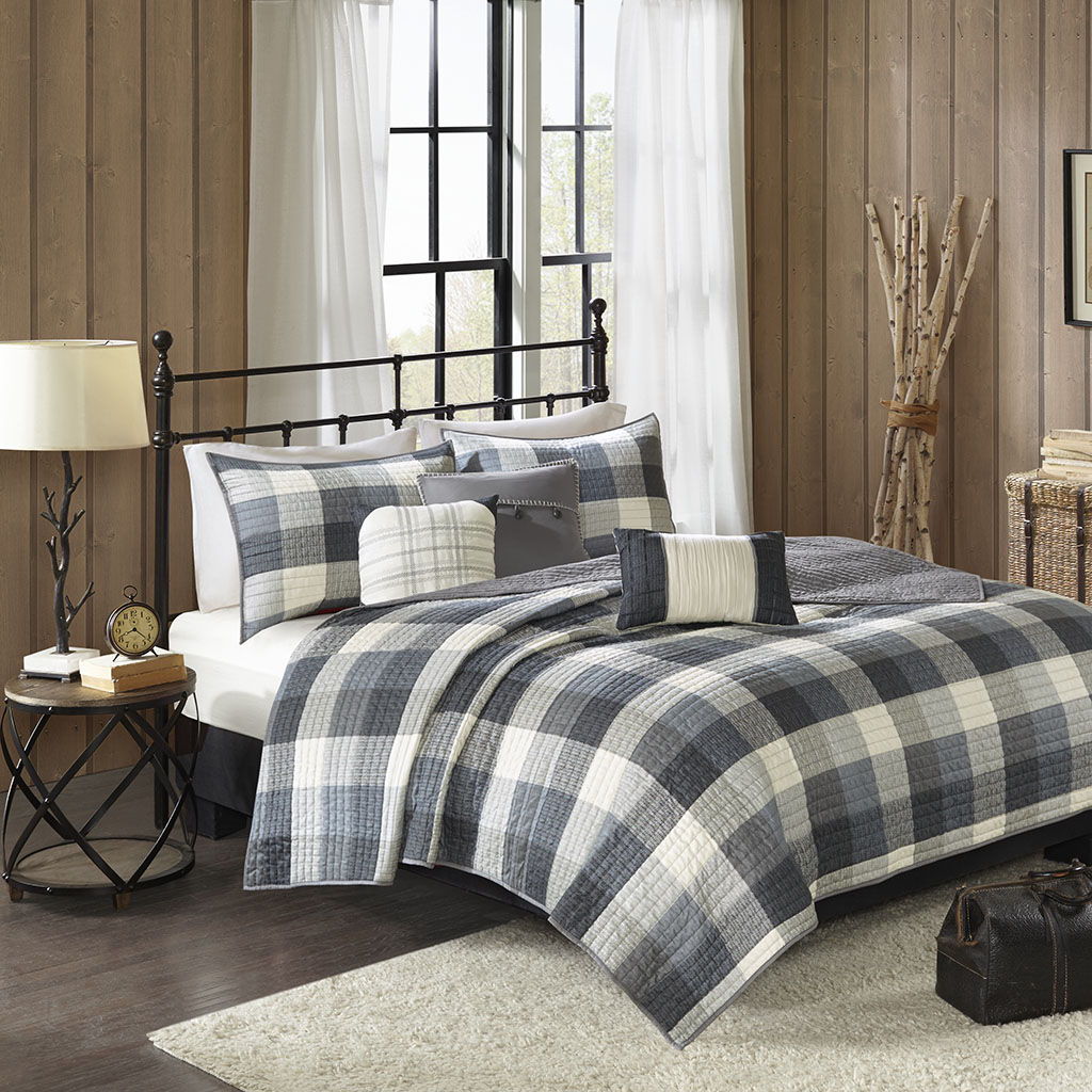 Ridge - 6 Piece King Reversible Herringbone Coverlet Set - Gray