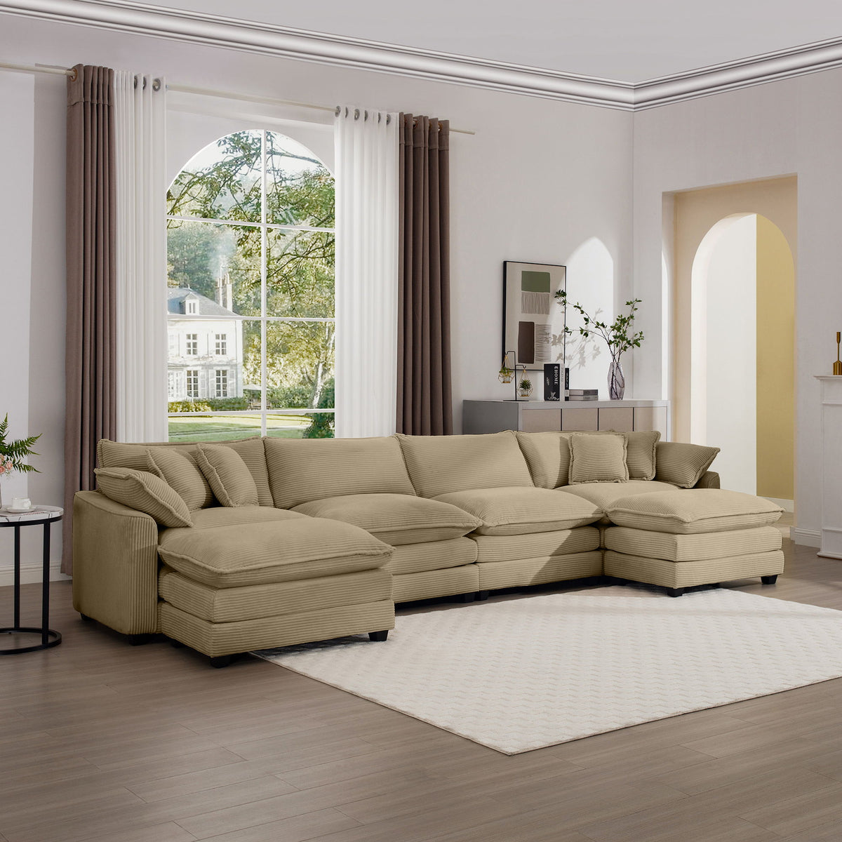 Modern Corduroy Upholstered 4 Seater Sofa With 3 Footstools - Tan