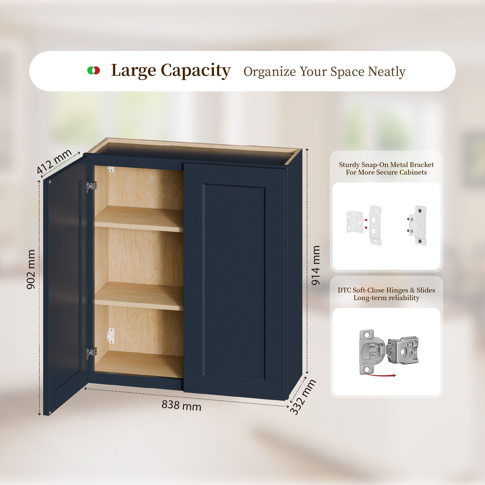 Shaker Wall Cabinet With Soft Close Hinges, Adjustable Shelves, Double Door