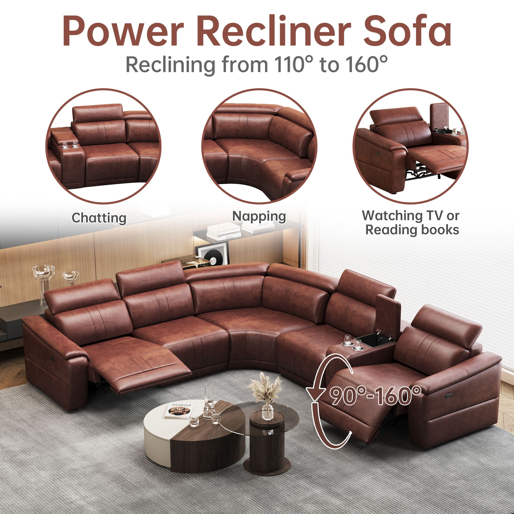 6 Piece Modular Sectional Sofa With 2 Cup Holders, Adjustable Recliners - Dark Brown
