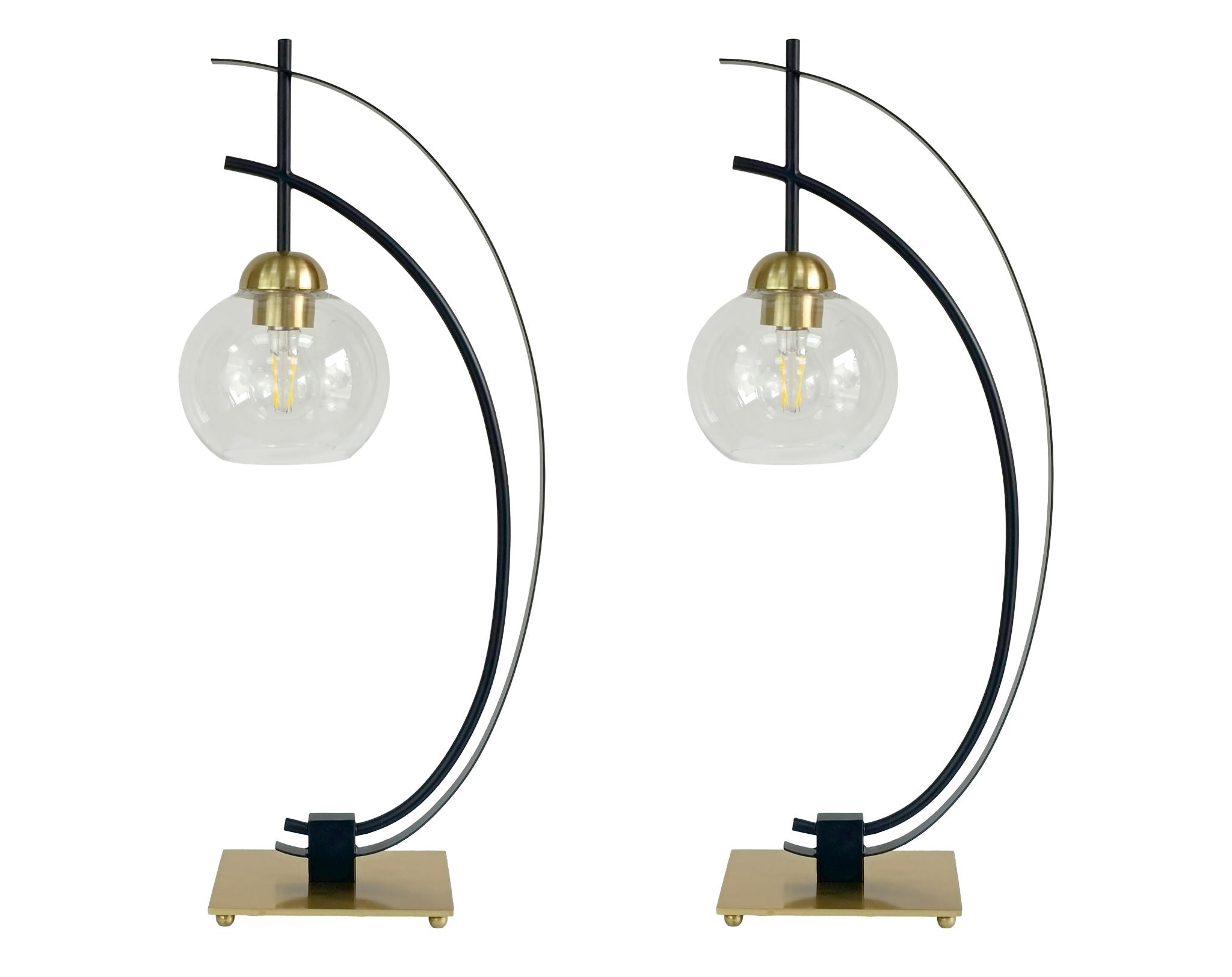 "Eclipse Aura" Metal Table Lamp With Glass Globe (Set of 2) - Matte Black / Gold / Clear Glass