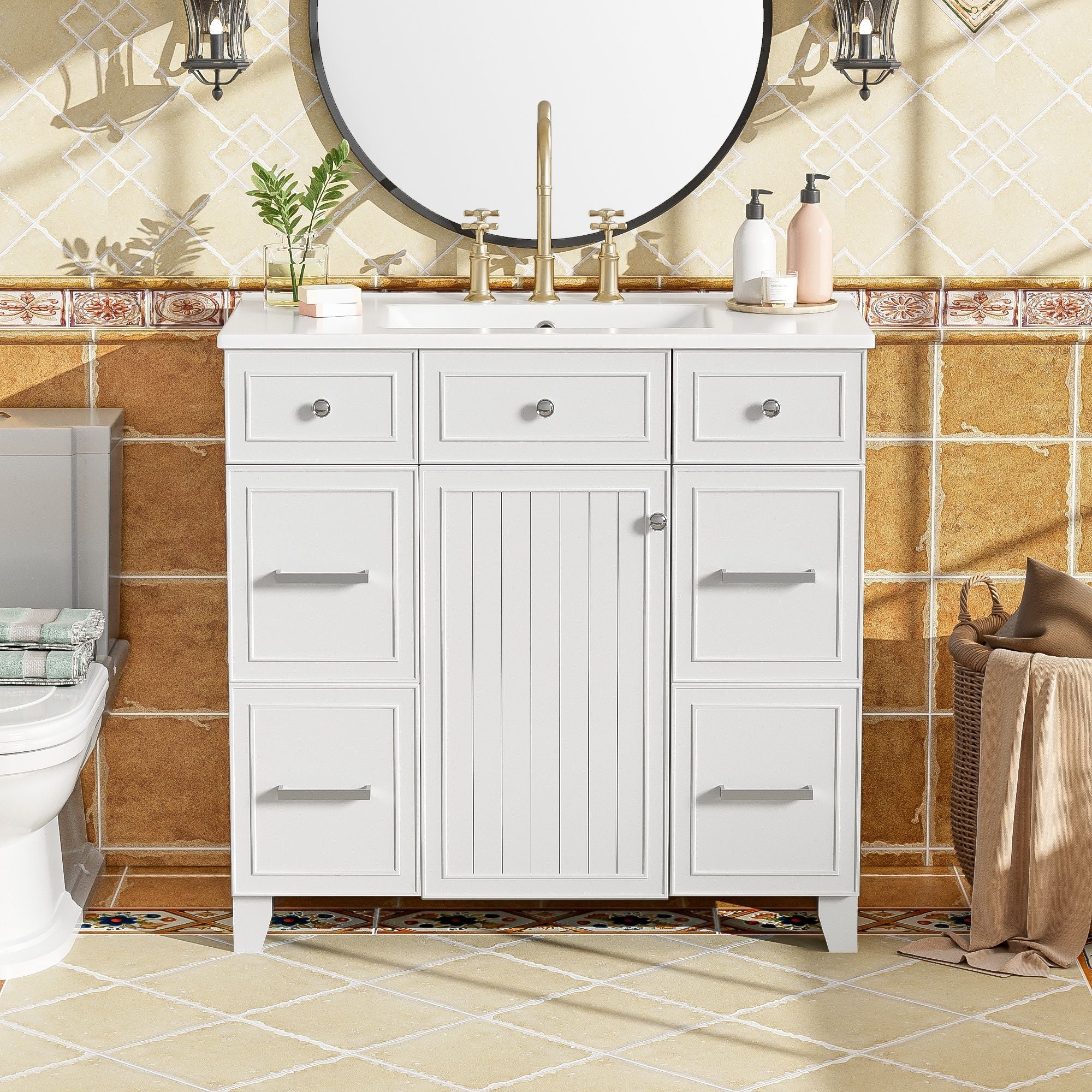 Bathroom Vanity With Ceramic Sink, Soft Close Doors, Adjustable Shelves