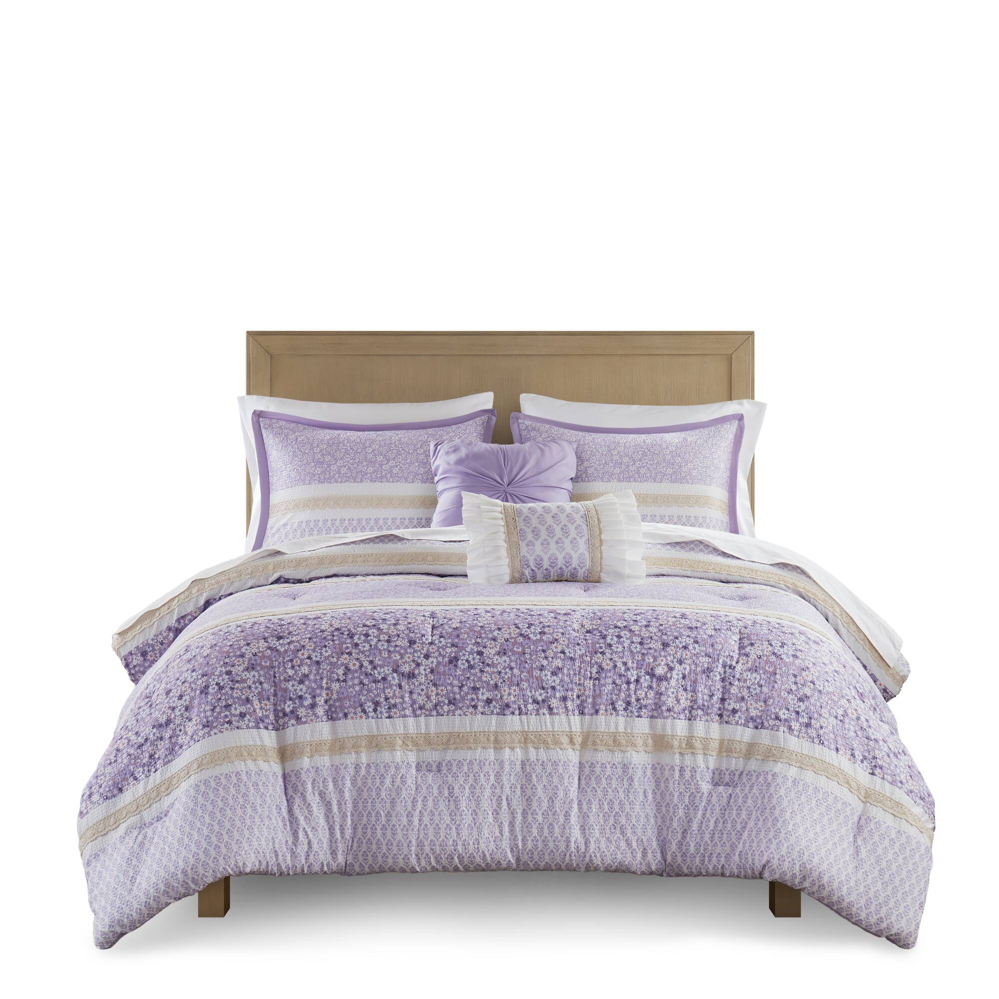 Caralie - 5 Piece Seersucker Comforter Set With Throw Pillows - Purple