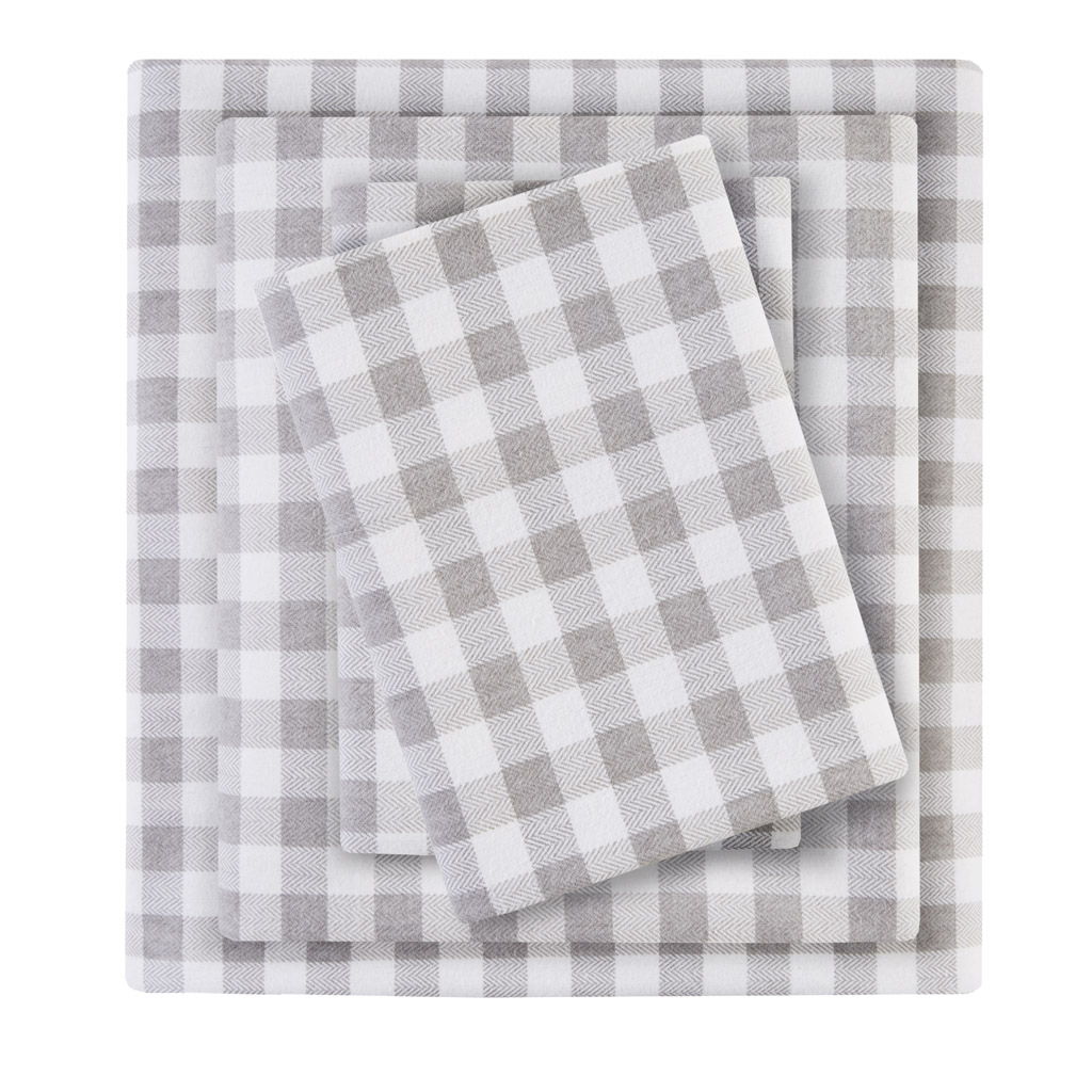 Cozy Flannel - 4 Piece California King Printed Sheet Set - Gray Herringbone Check