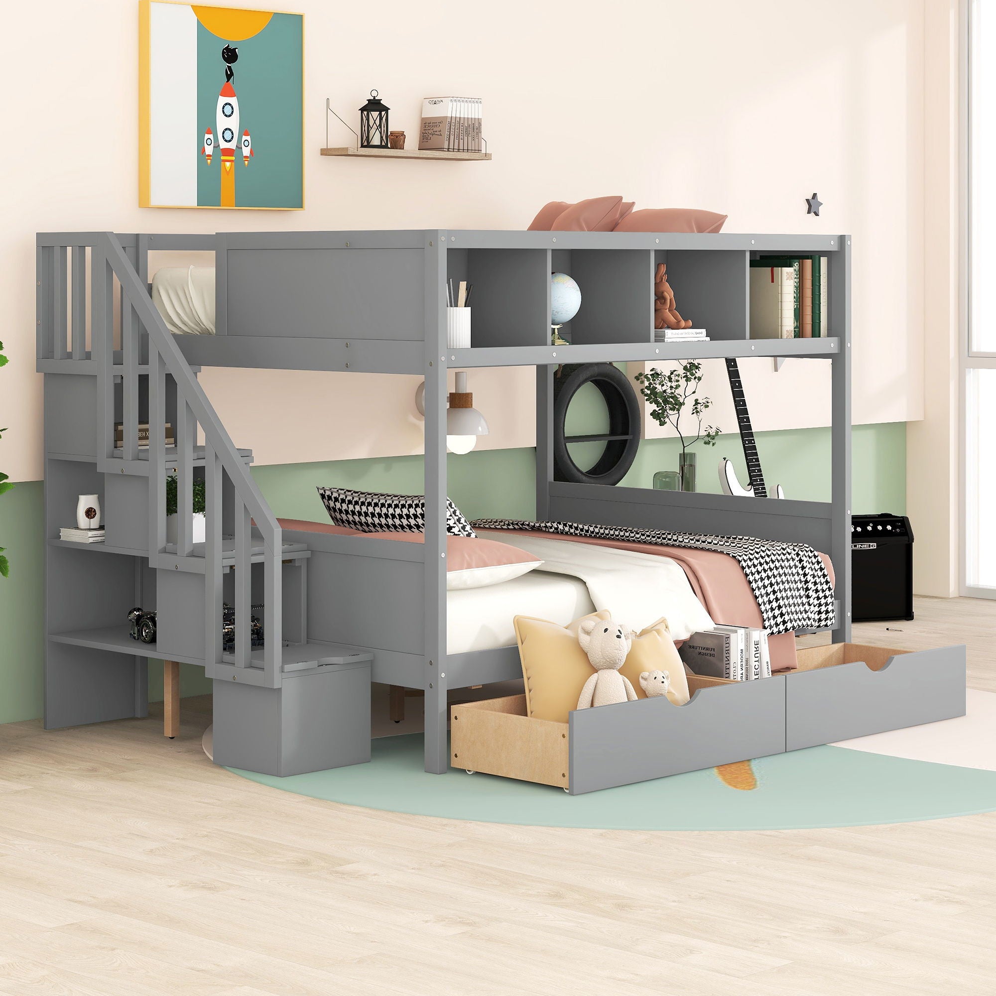 Bunk Bed With Shelfs, Storage Staircase And 2 Drawers