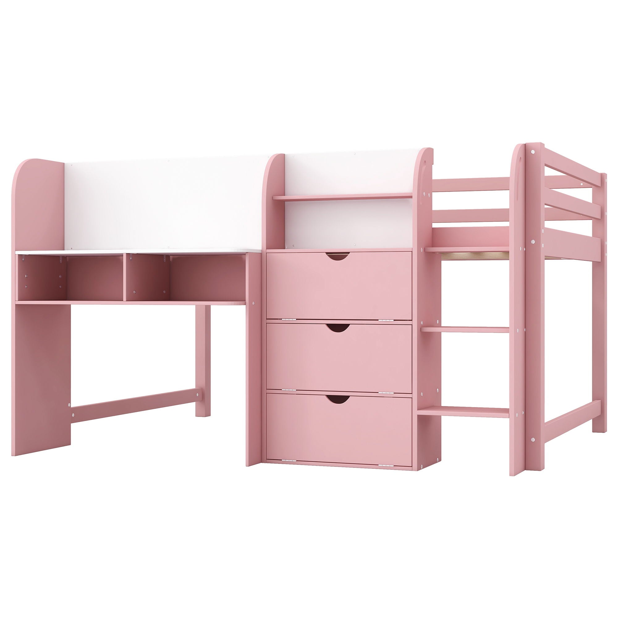 Low Loft Bed With Built In Desk, Storage Cabinets, Open Bookcase And Doodle board