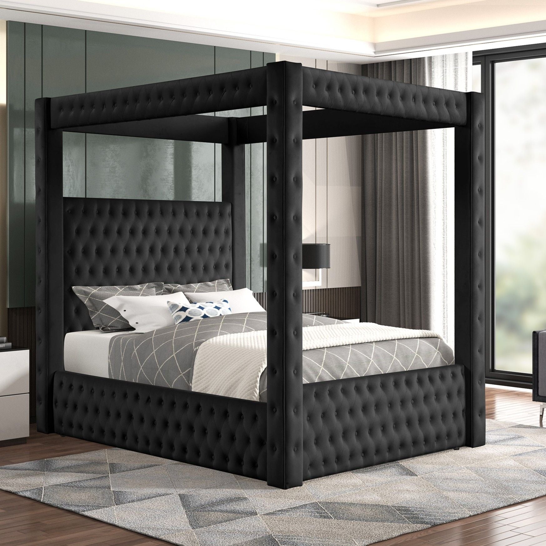Modern 4 Poster Bed With Tufted Headboard And Footboard