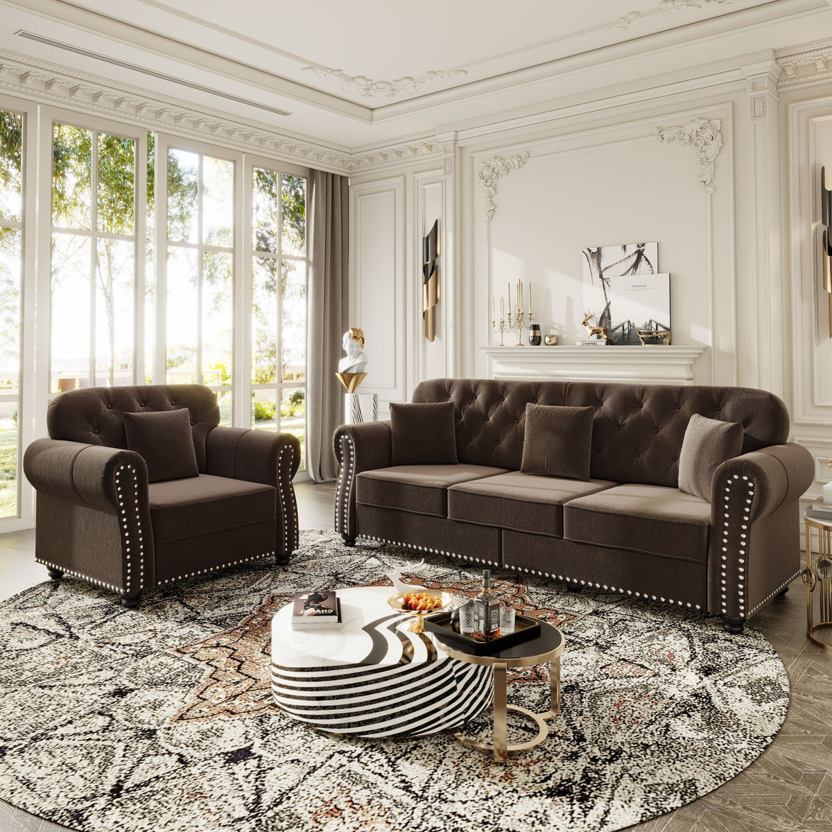 Upholstered Sofa Set With Nailhead Trim And Rolled Armrests, Includes Pillows