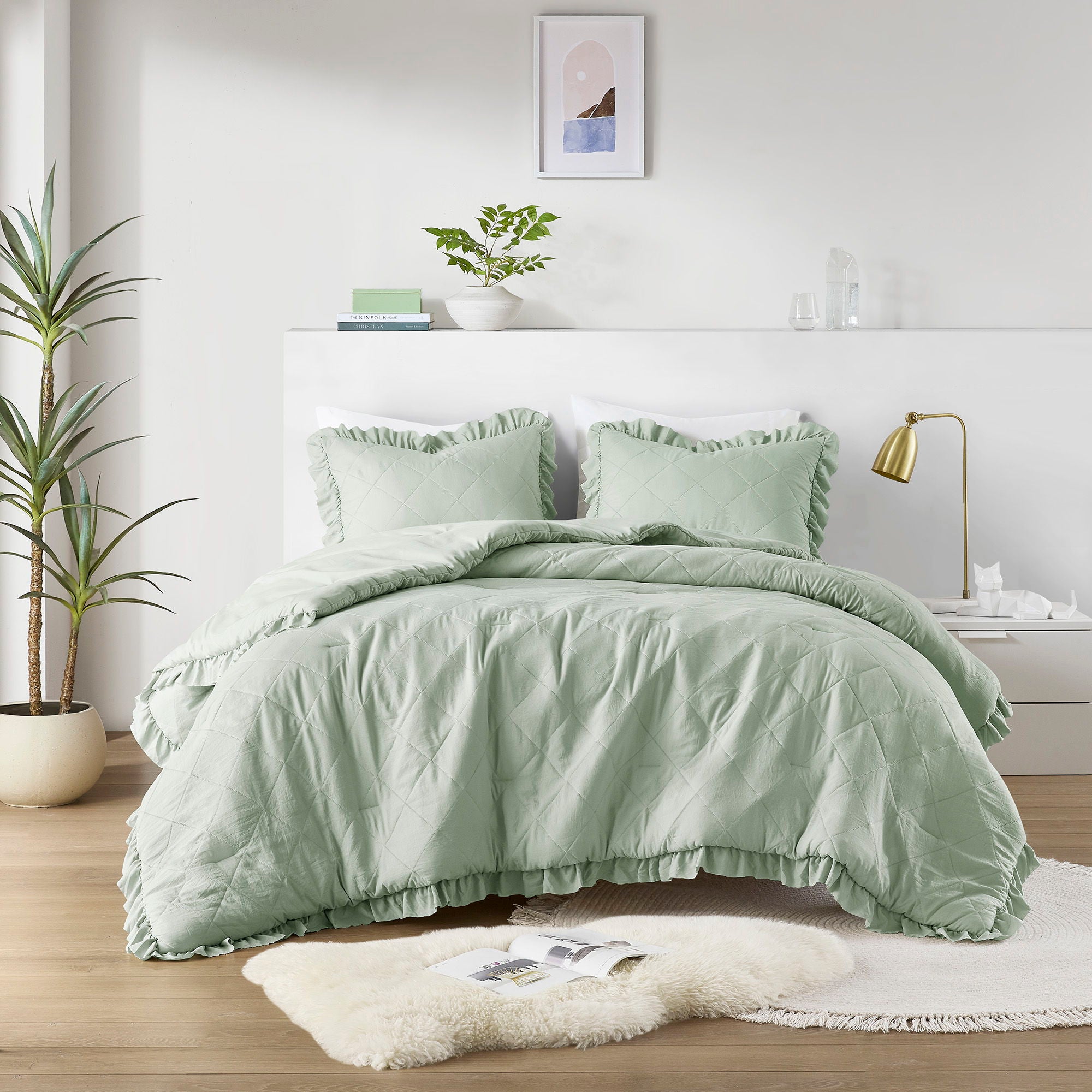 Phoebe - Full/Queen Diamond Quilted Ruffle Edge Comforter Set - Sage
