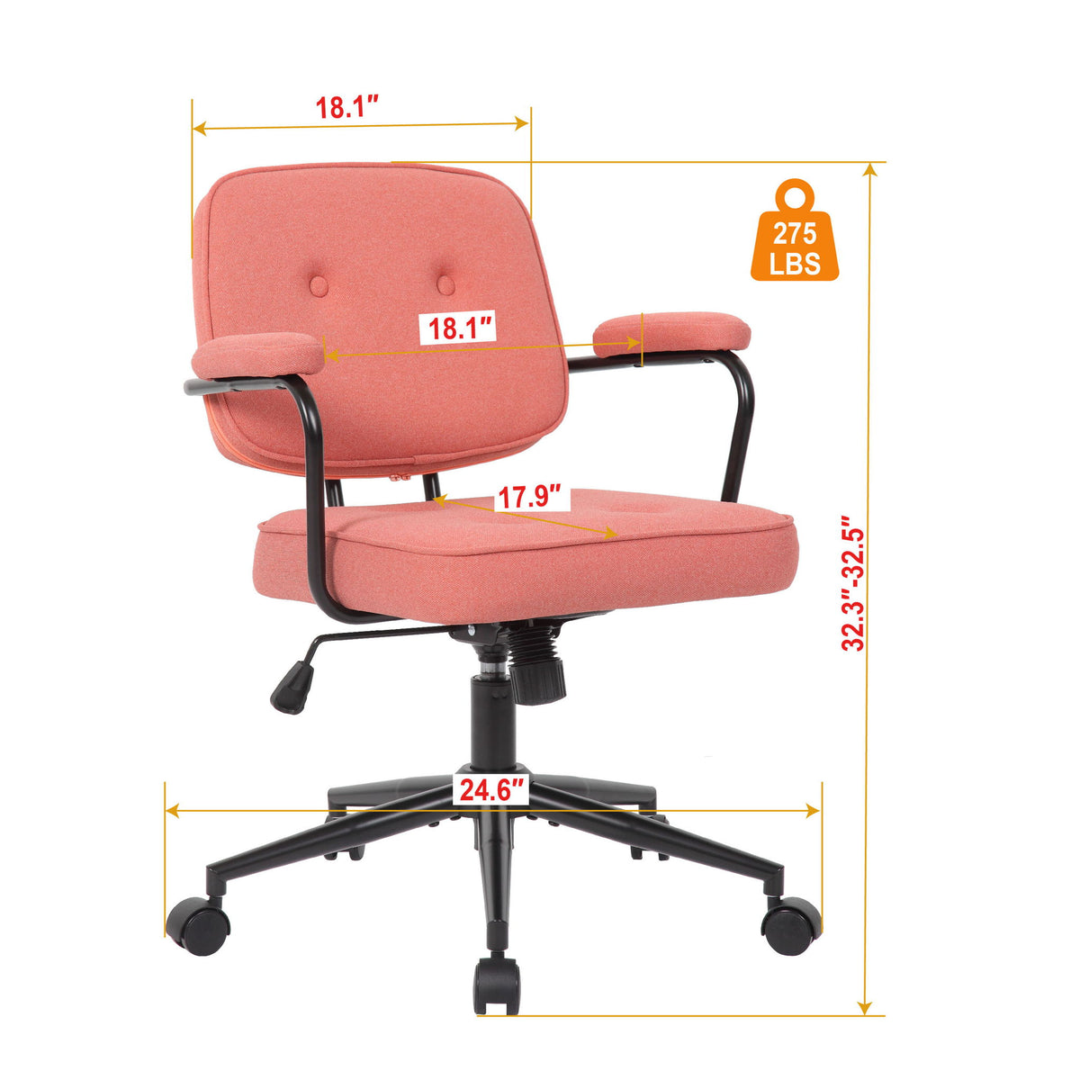 Office Swivel Desk Chair With Curved Armrest, Soft Upholstered Task Chair - Pink