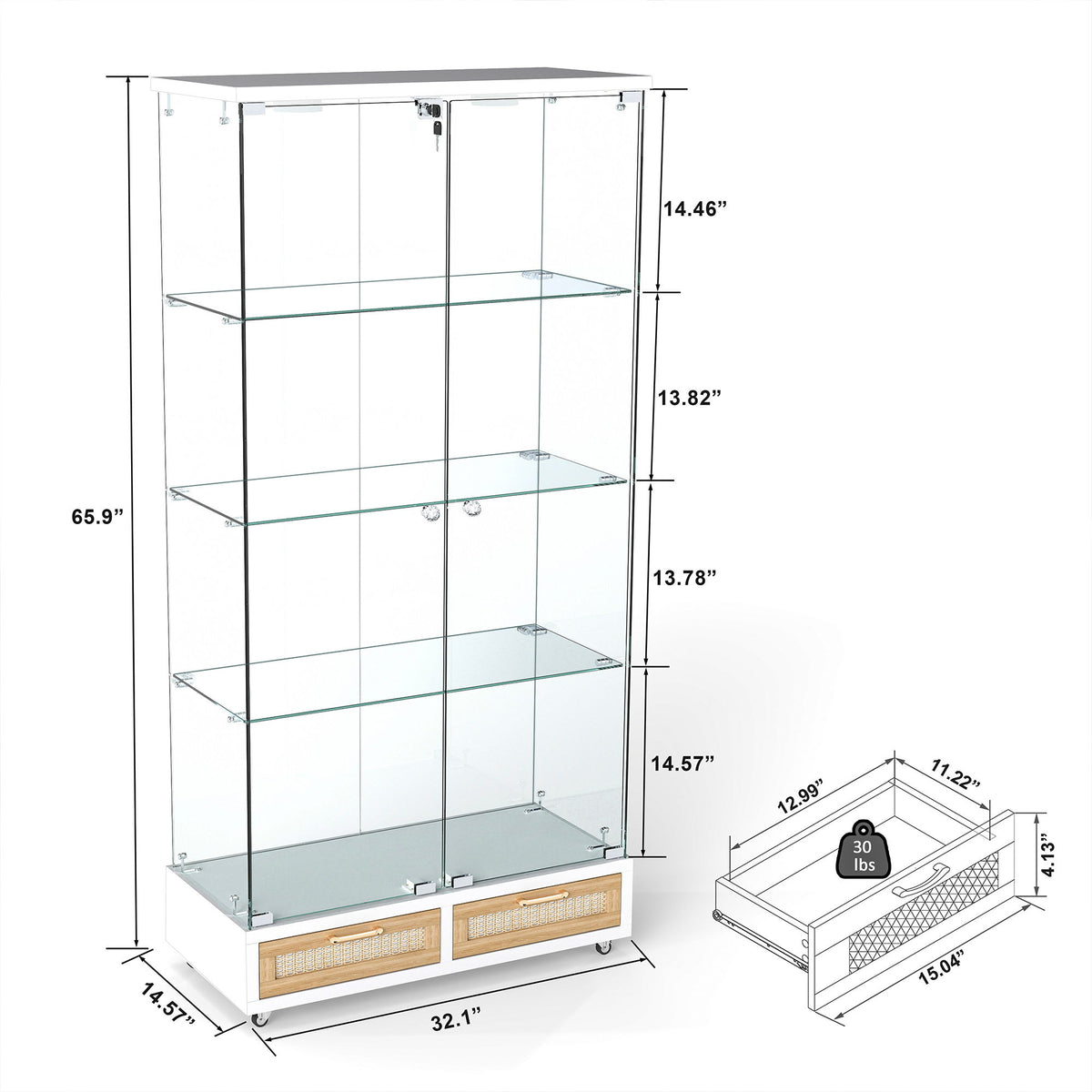 Glass Display Cabinet With LED Lights, Tempered Glass Doors, Large Drawers, 2 Door Storage Case With 4 Shelves - Natural / White