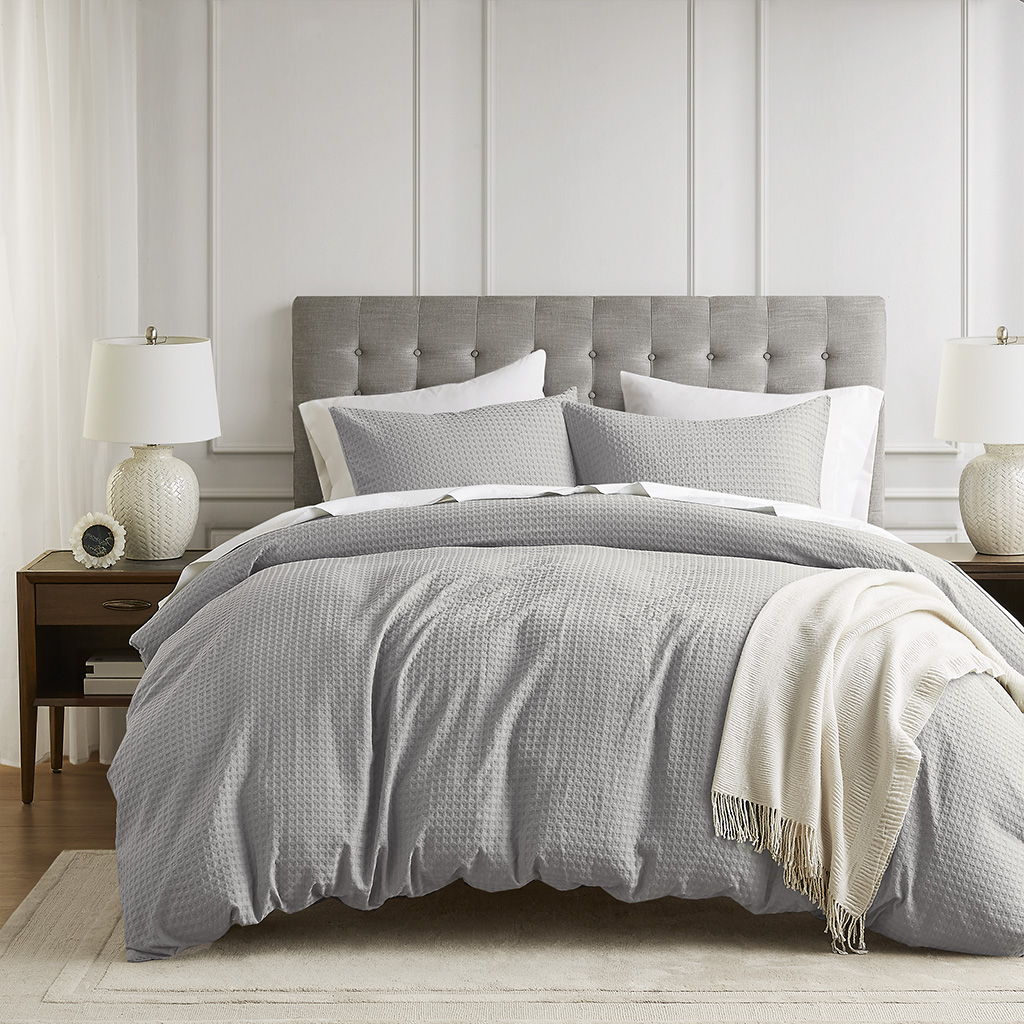 Mina - Twin/Twin Long Waffle Weave Textured Duvet Cover Set - Light Gray