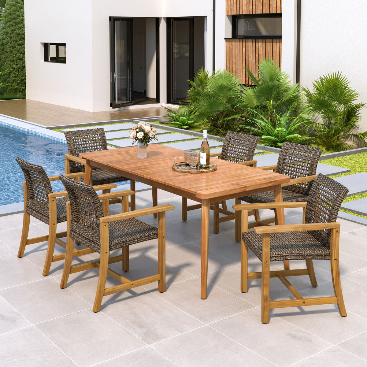7 Piece Patio Dining Set, Slatted Table & 6 Chairs For Patio Garden - Mocha / Teak