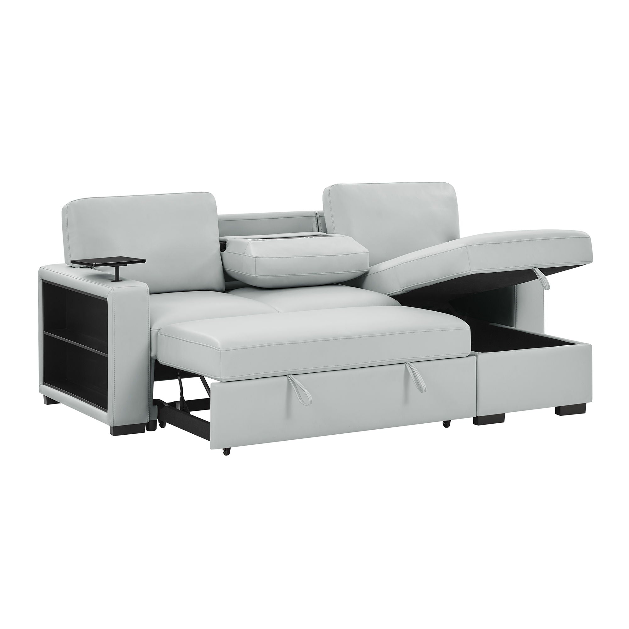 U0212 - Pull Out Sofa Bed With 1 Table Tray, 1 USB, And Storage Chaise - Silver