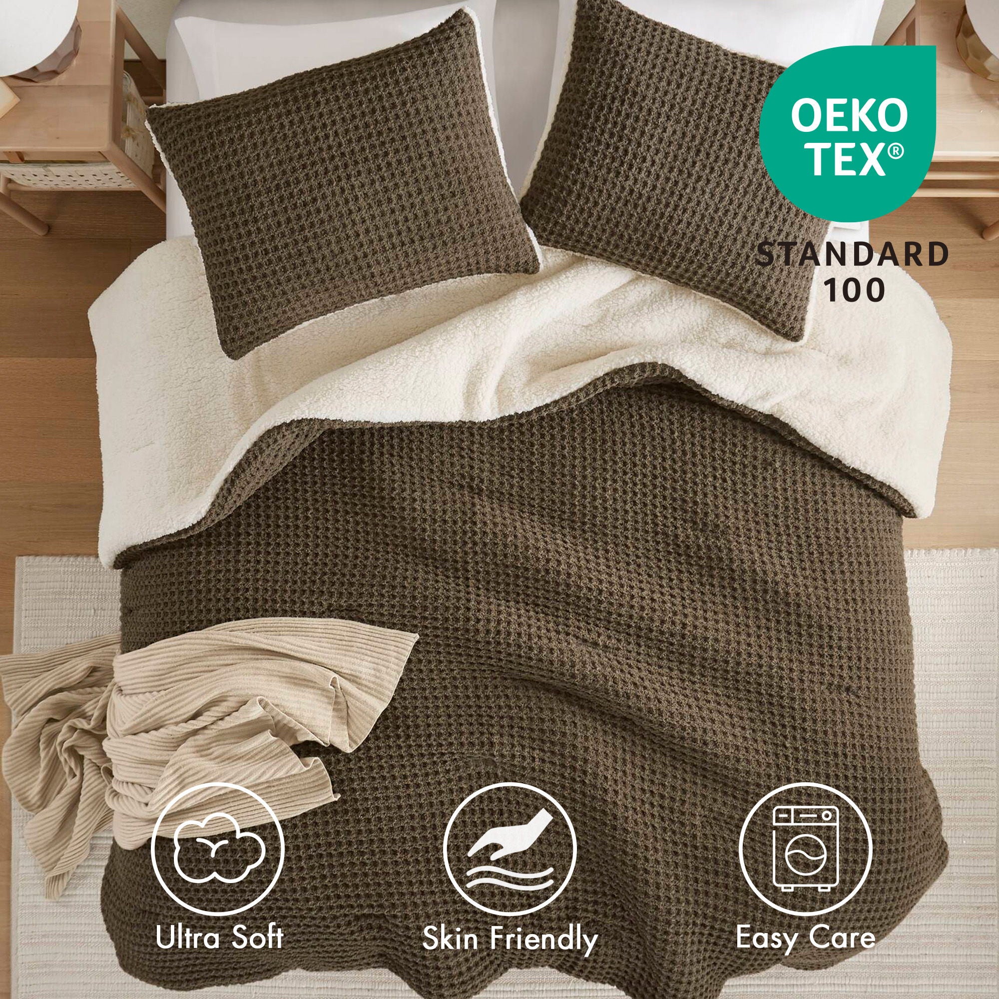 Riordan - 2 Piece Twin Waffle Knit Comforter Set - Brown