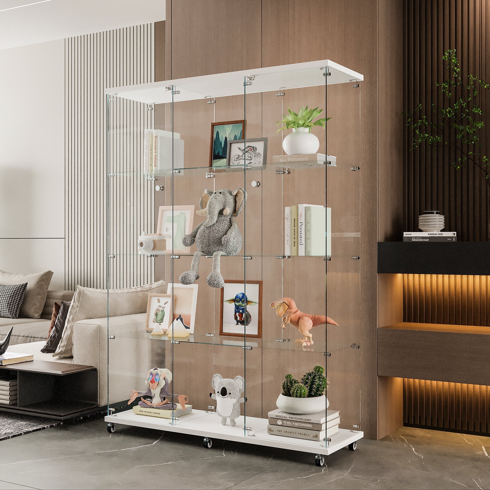Glass Display Cabinet with 4 Shelves Extra Large, Curio Cabinets for Living Room, Bedroom, Office, Black Floor Standing Glass Bookshelf, Quick Installation