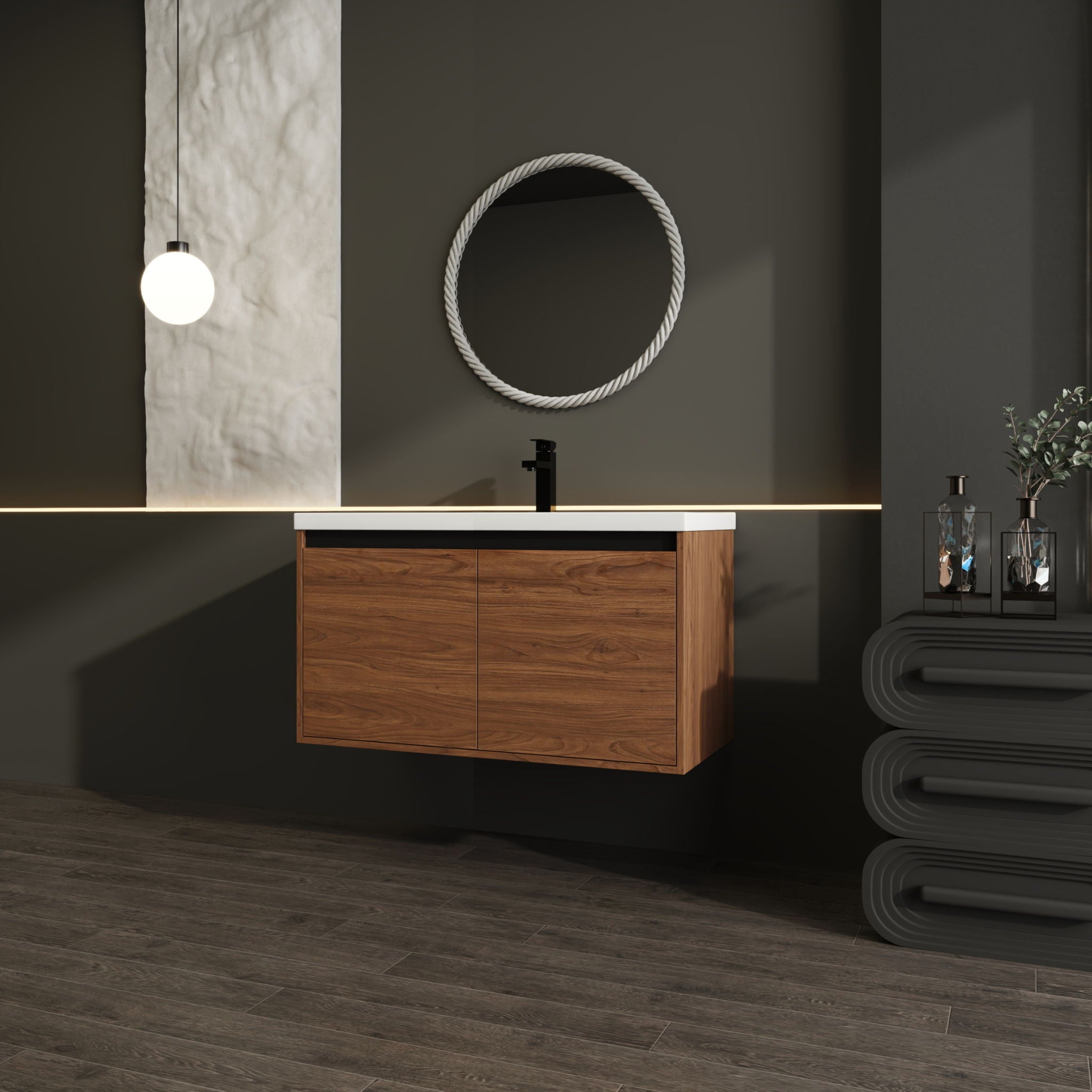 Bathroom Vanity Set With Resin Countertop Sink And 2 Doors, Engineered Wood