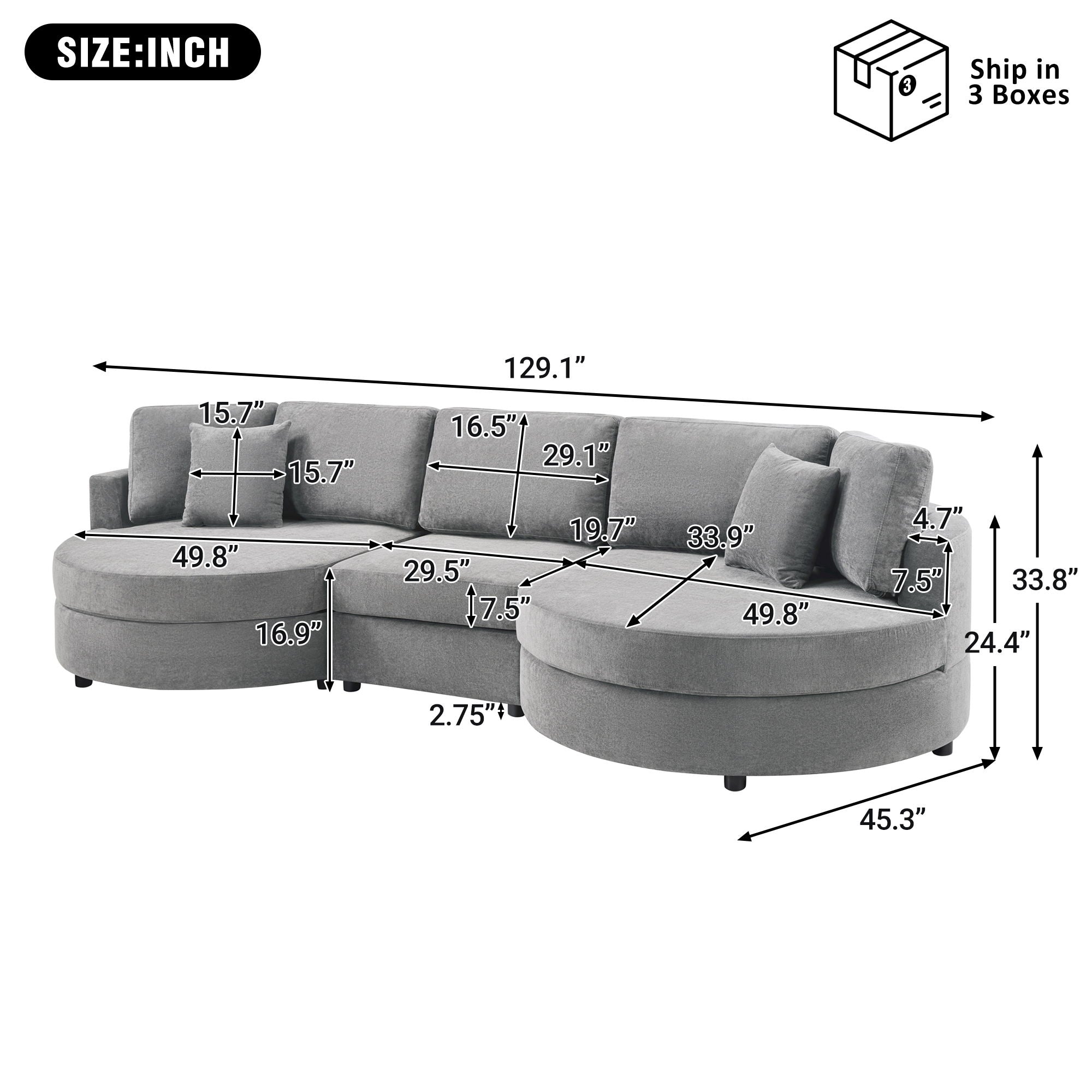 Modern 3 Seater Upholstered Sofa With Curved Design