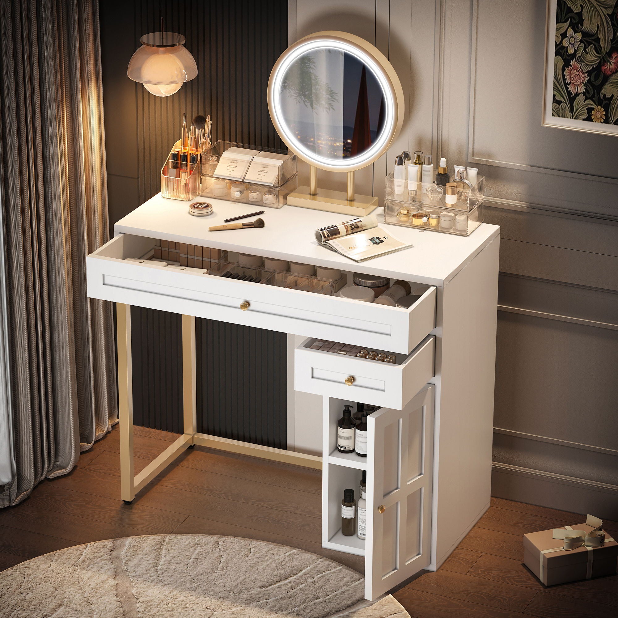 Makeup Vanity Desk With Lighted Mirror, Luxury Dressing Table With 2 Drawers And 1 Cabinet, 3 Lighting Modes Available For Bedroom - White / Gold