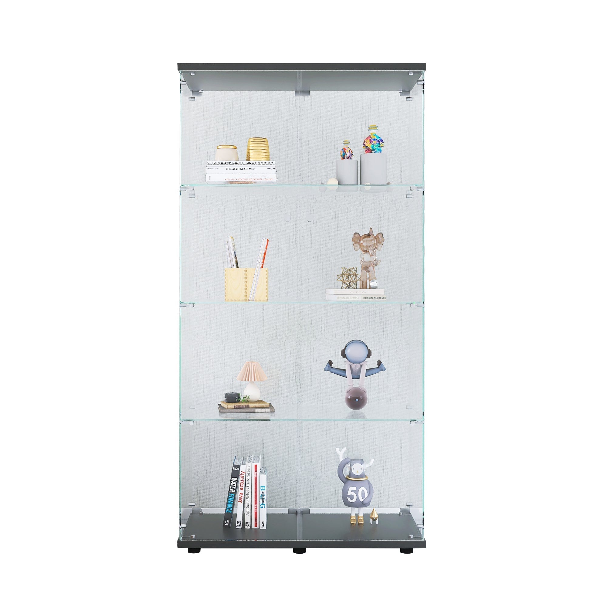 Two-door Glass Display Cabinet 4 Shelves with Door, Floor Standing Curio Bookshelf for Living Room Bedroom Office, 64.7"*31.7"*14.3",Black