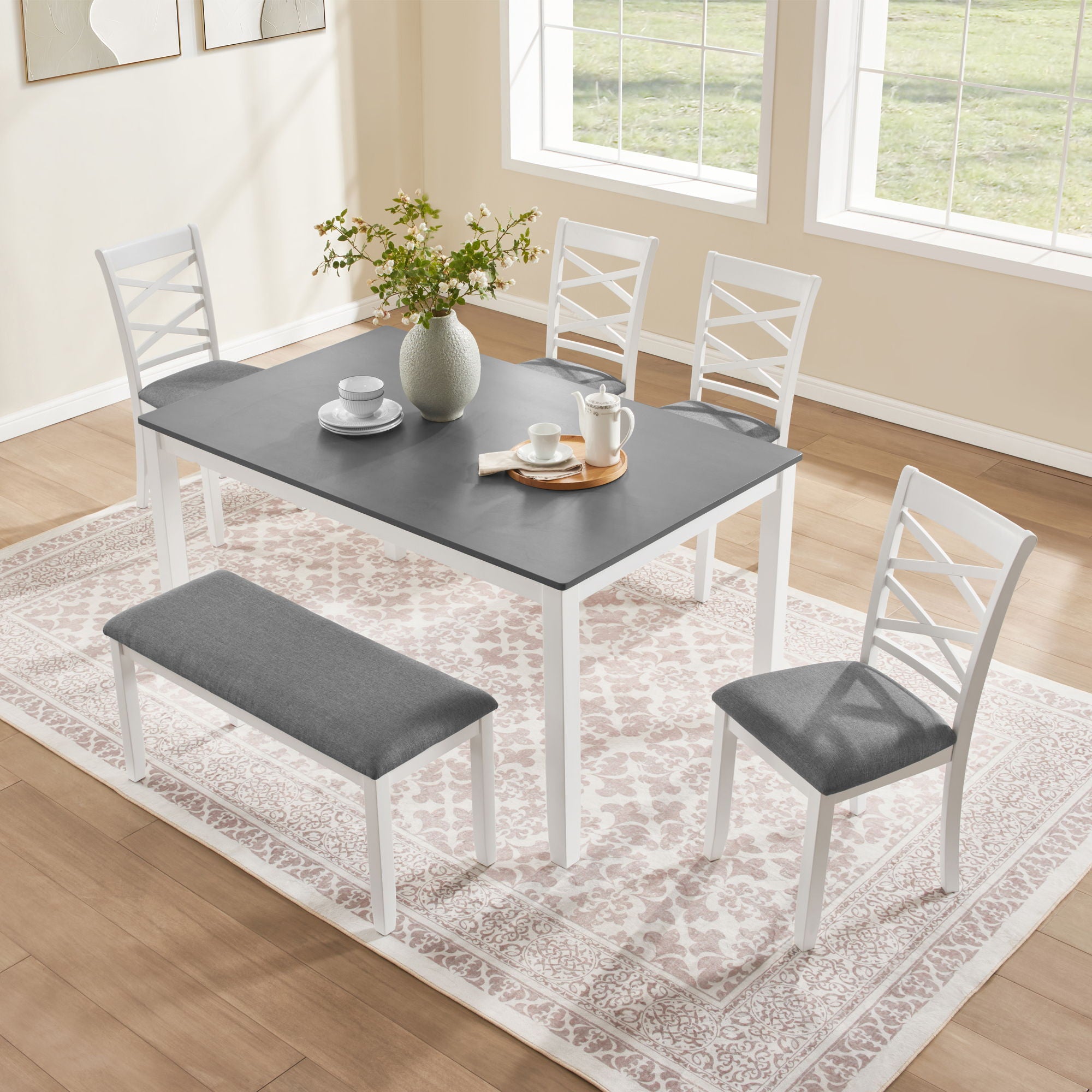 Elegant 6 Piece Dining Table Set With 4 Chairs And Bench