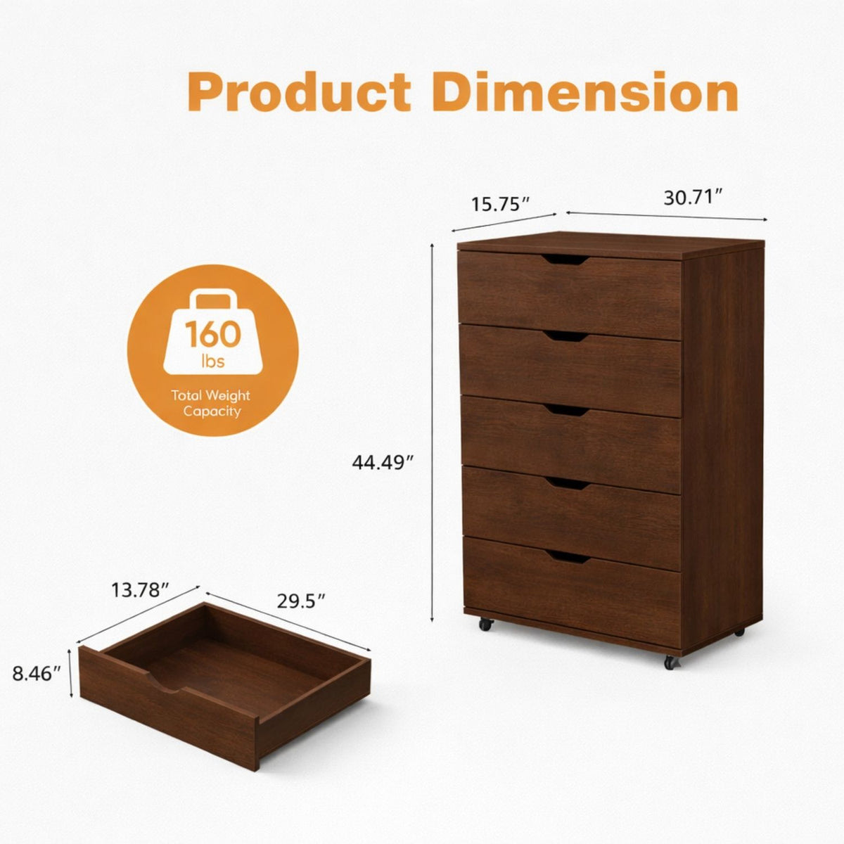 Modern 5 Drawer Dresser With Wheels