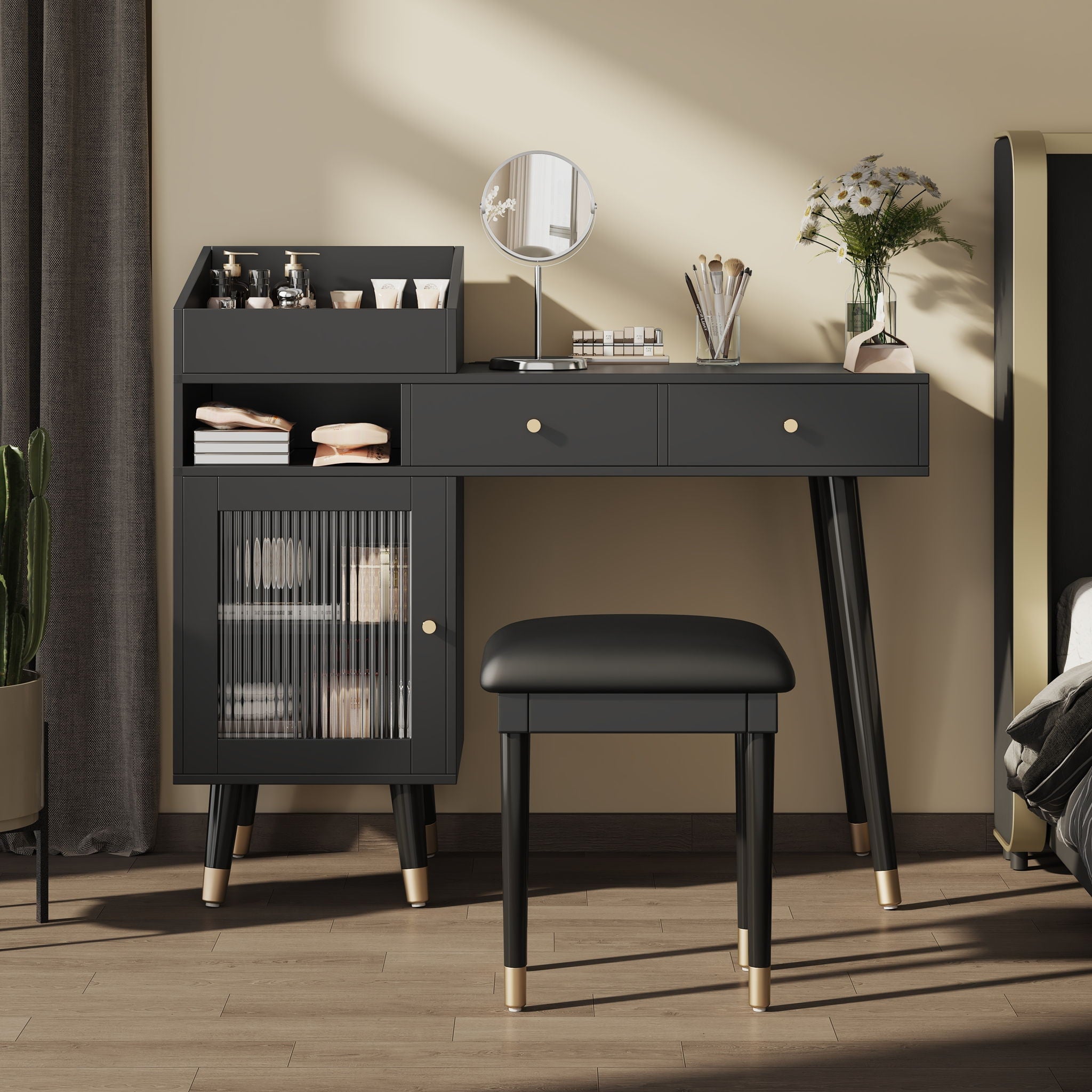 Modern Makeup Vanity Desk With Drawers Cabinet & Charging Port Engineered Wood Space Saving Design For Small Places - Black