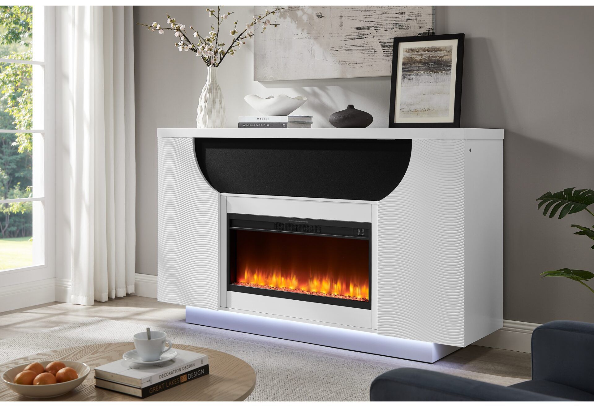 Aveena - 76" Entertainment Unit With TV, LED, Speakers, Crystal Inserts And Pop Up Center Doors - White