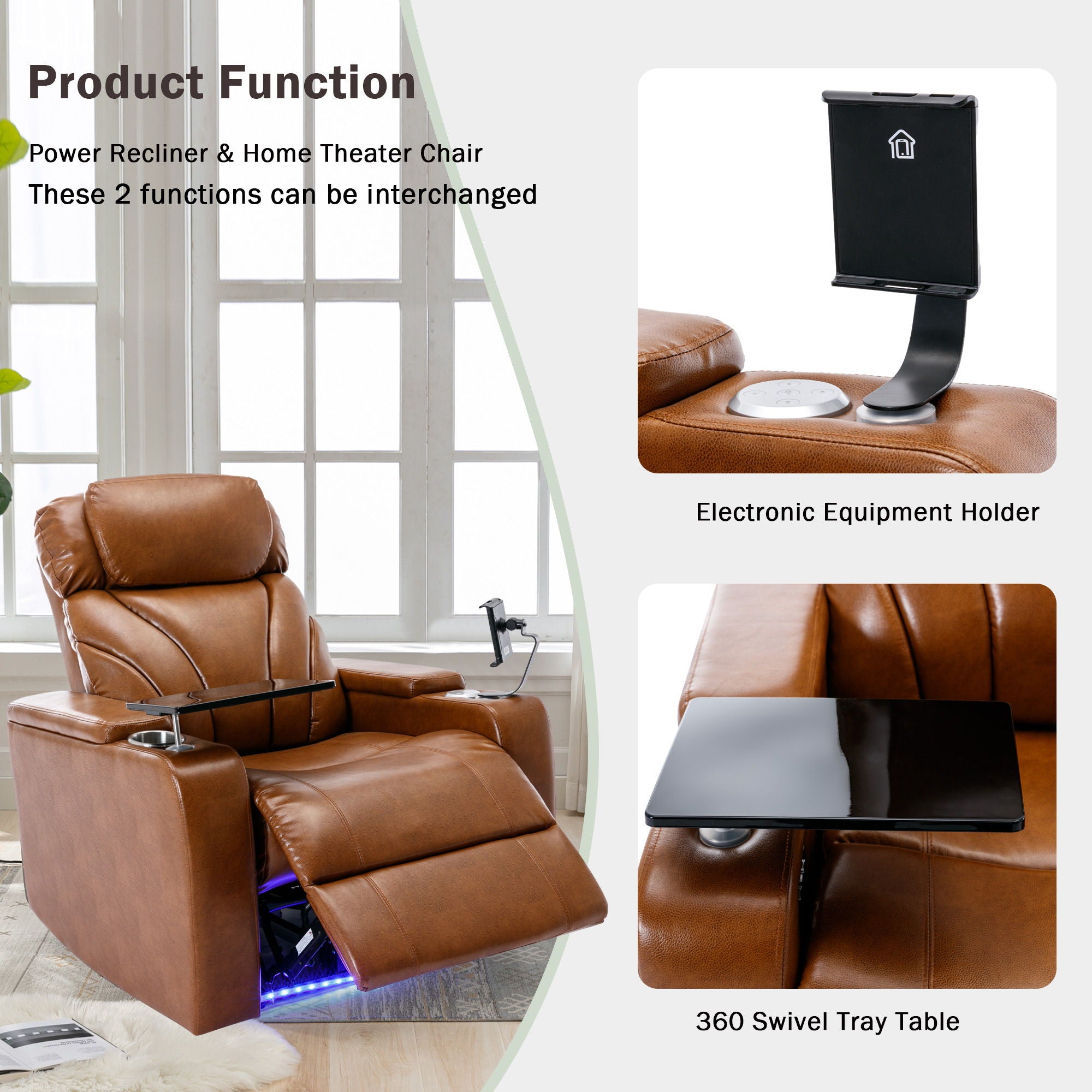 Power Motion Recliner Electric Power Recliner With USB Charging Port, Hidden Arm Storage, Convenient Cup Holder And Bluetooth Speaker
