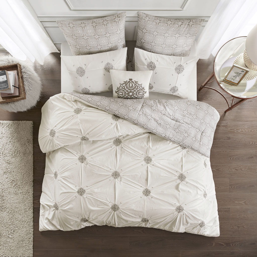 Malia - 6 Piece Embroidered Reversible Comforter Set - Ivory