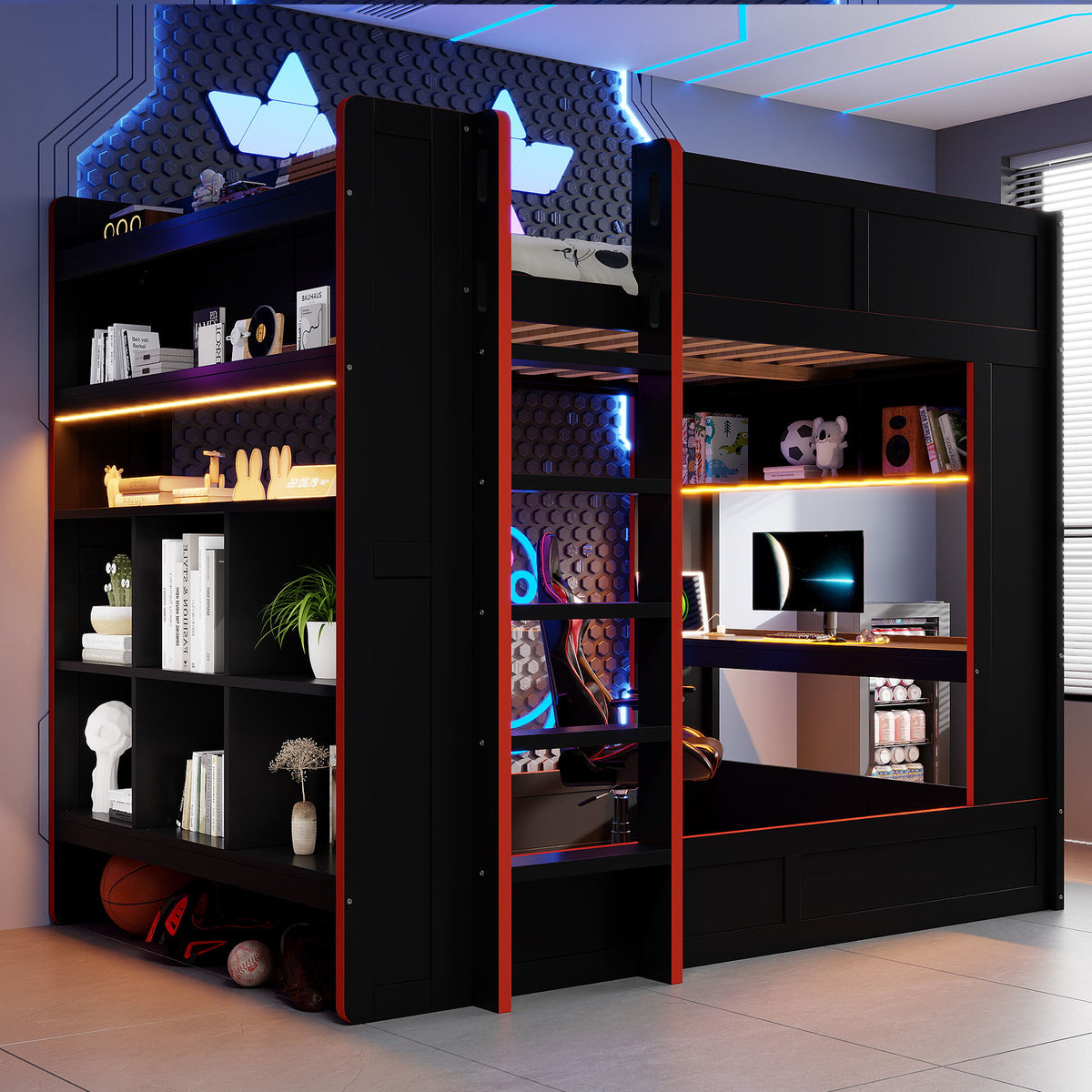 Full Size Gaming Bunk Bed With Desk, Storage Shelves, LED And Charging Station - Black