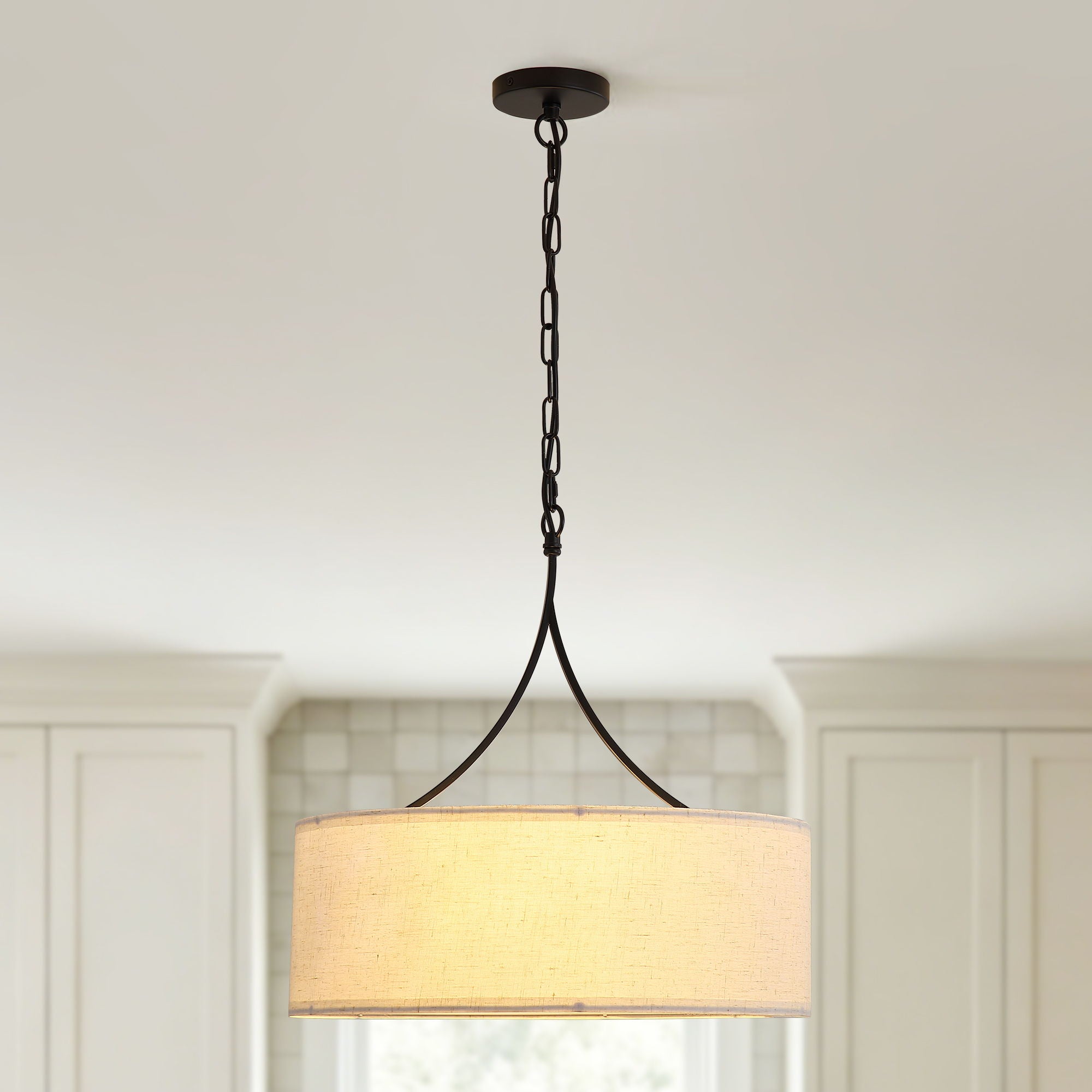 3 Light Pendant Light Adjustable Drum Chandelier, Shade Ceiling Light Fixture - Beige White / Black