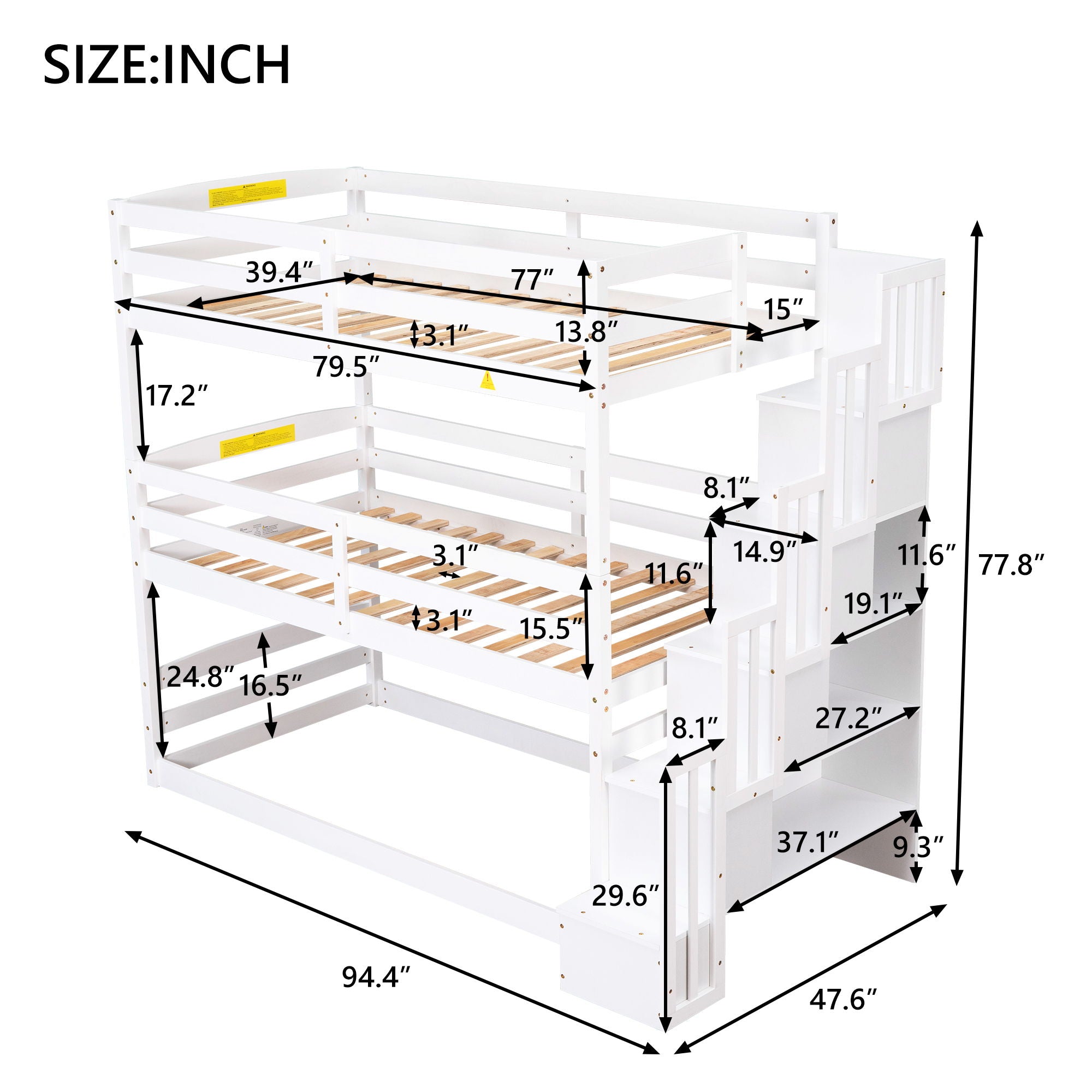 Twin Size Triple Bunk Bed With Storage Staircase, Separate Design - White