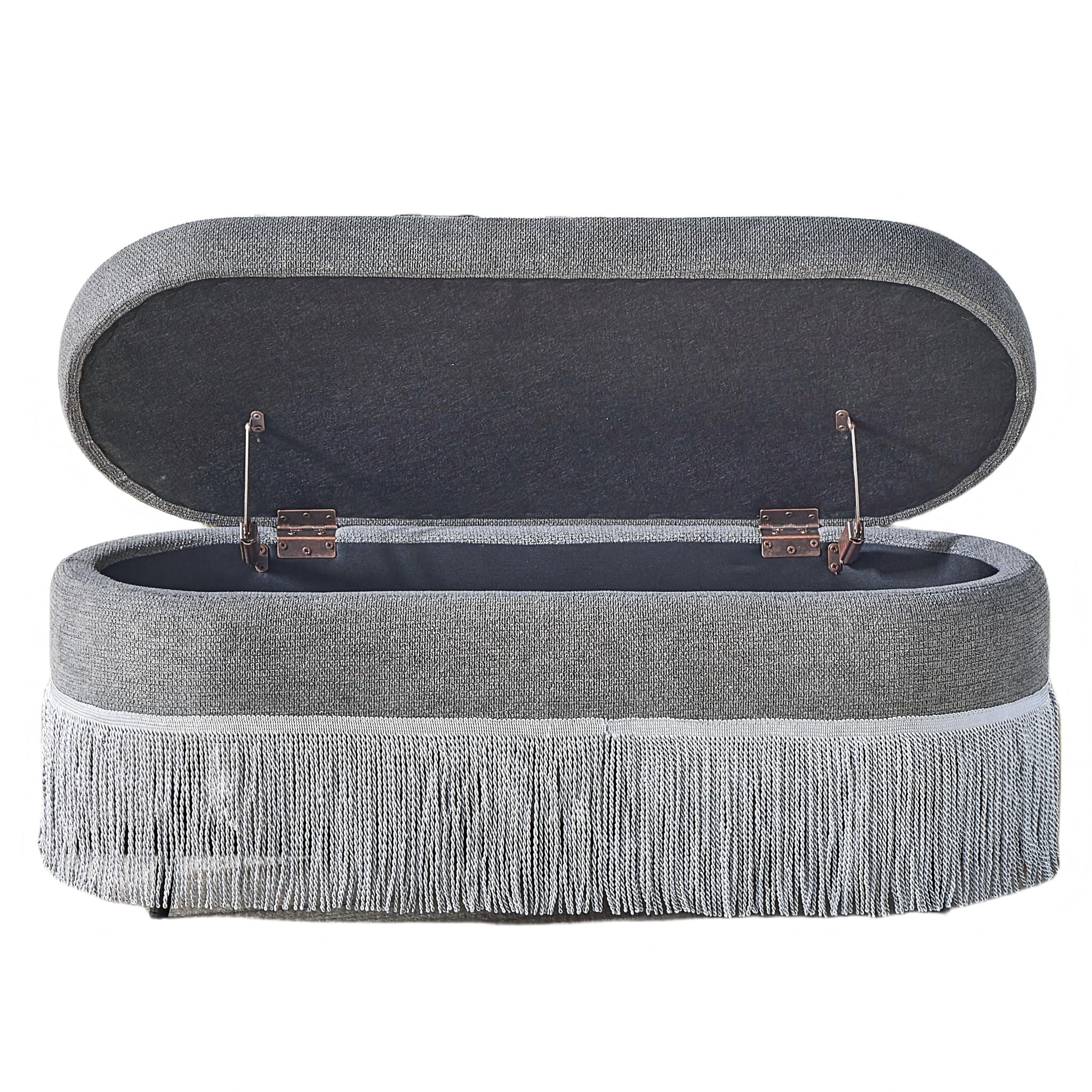 Oval Upholstered Storage Ottoman With Fringe Trim & Lift Top Lid