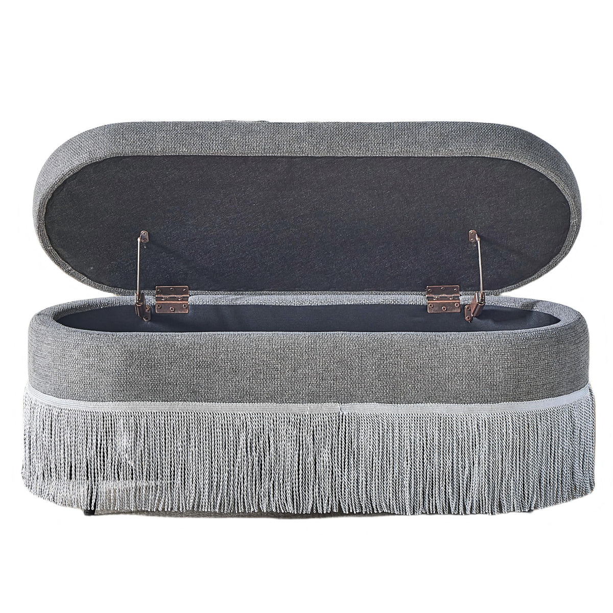 Oval Upholstered Storage Ottoman With Fringe Trim & Lift Top Lid