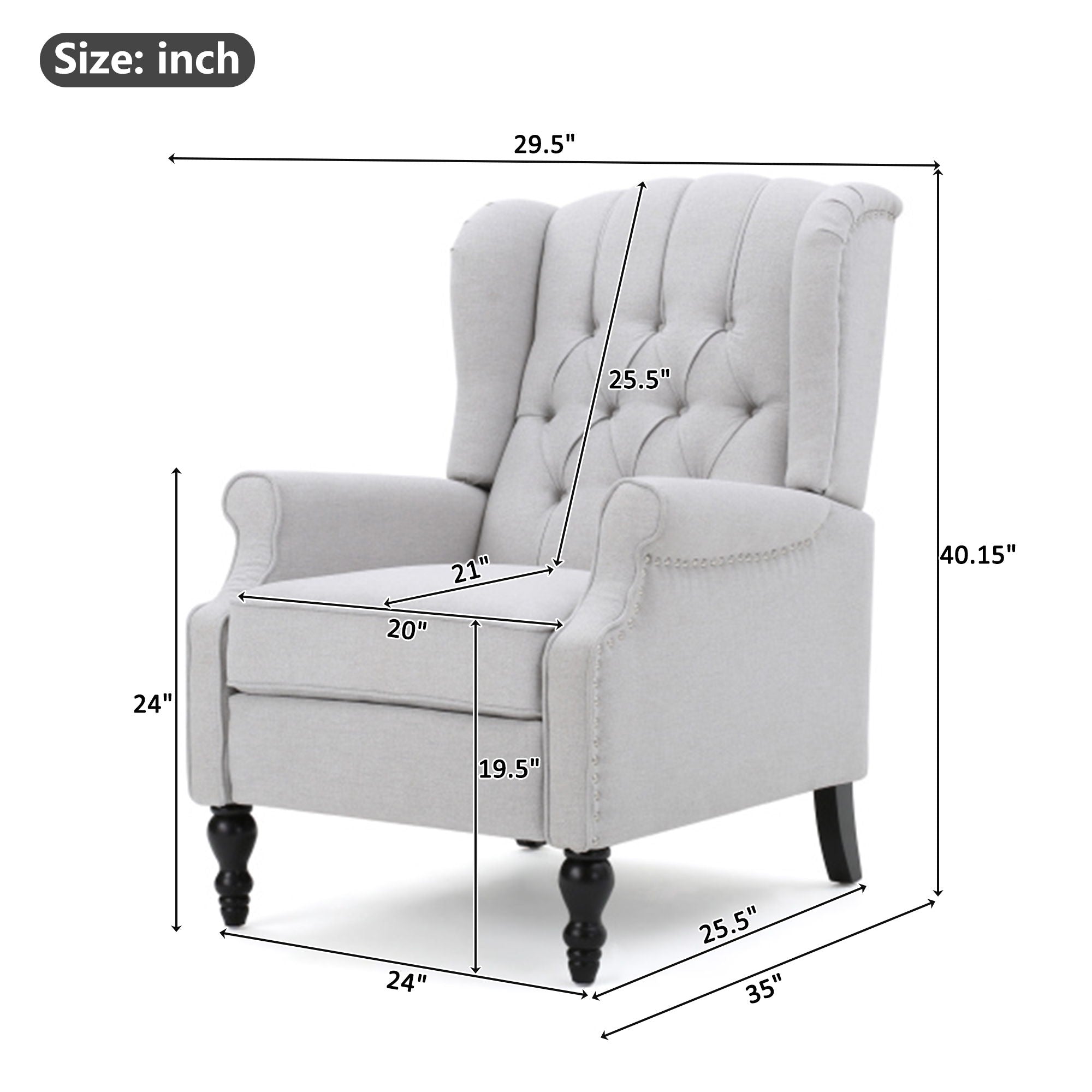 Tufted Arm Chair Recliner With Wingback Style, Pushback Mechanism - Light Gray