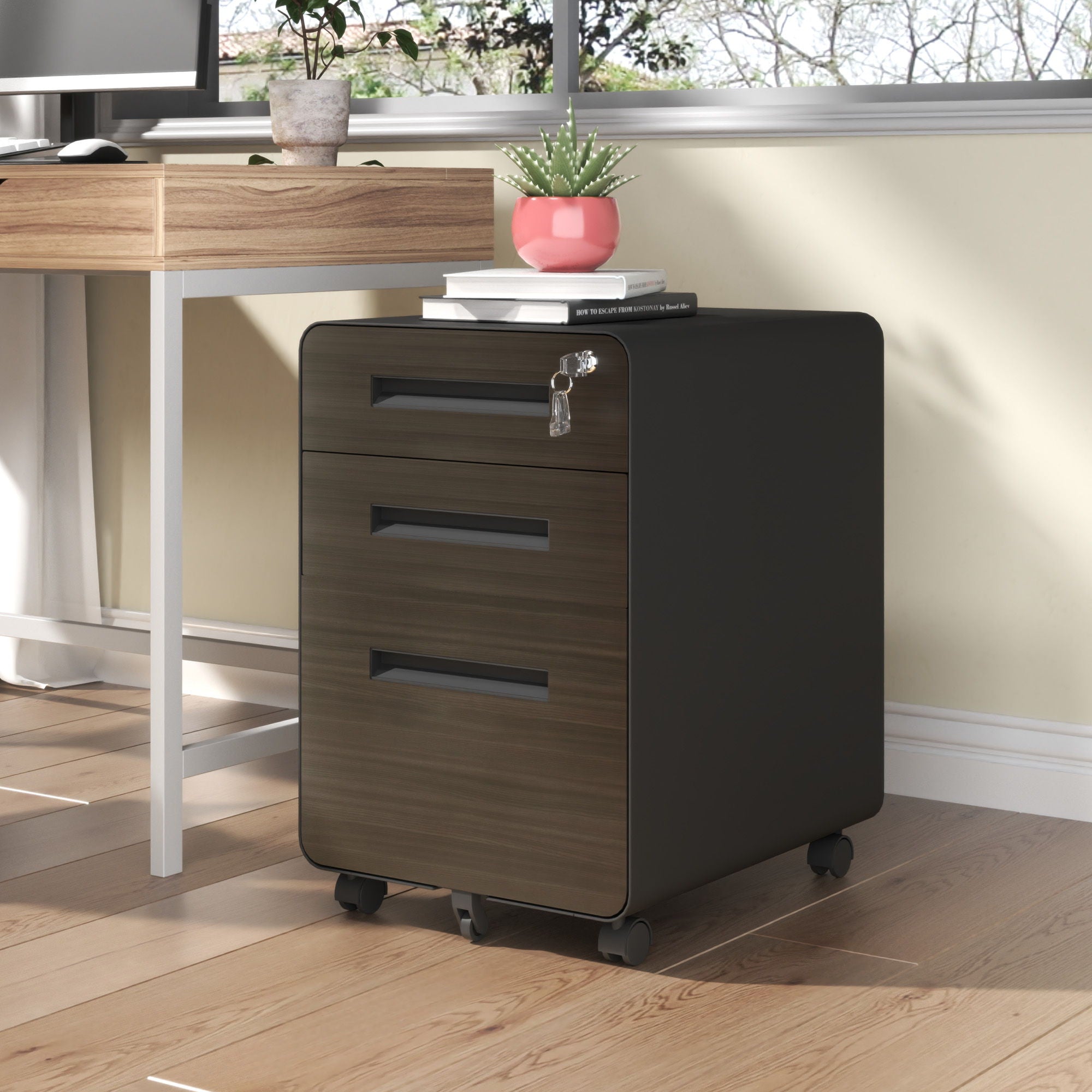 3-Drawer Mobile File Cabinet With Lock, On Casters, Holds A4/Letter Files