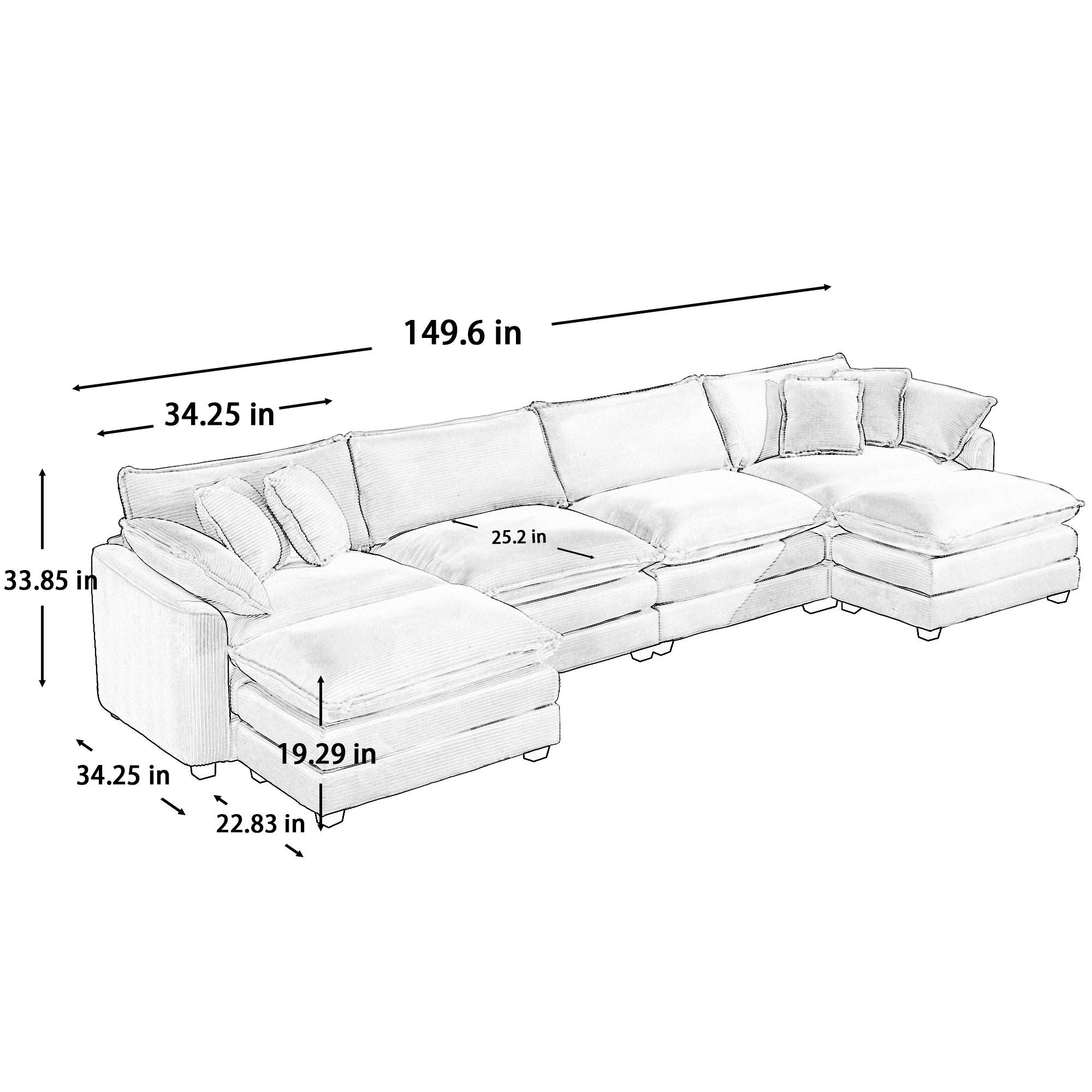 Oversized Modular Cushion Sofa With Ottoman, Low Back, Deep Seating Sofa Set