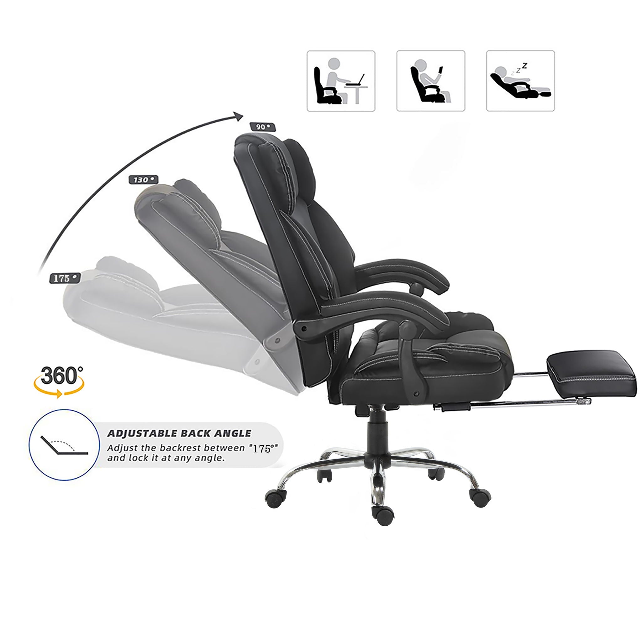 Reclining Office Chair With Massage, Ergonomic Computer Chair With Foot Rest - Black