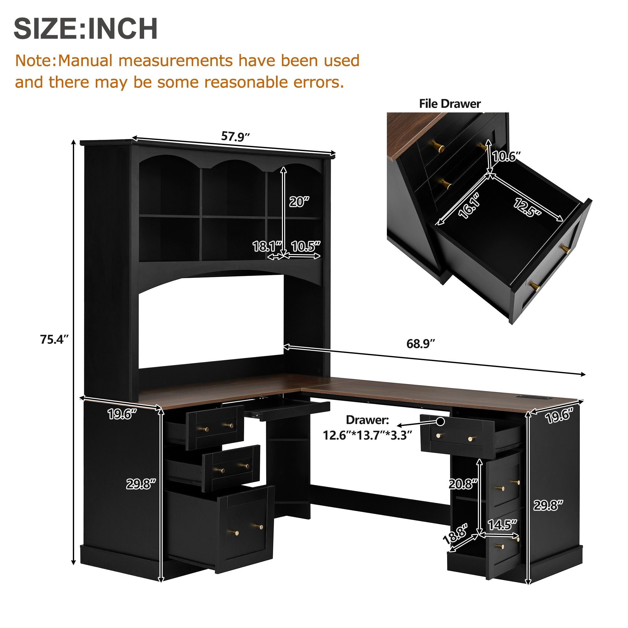 Space Saving L-Shaped Computer Desk With Keyboard Tray & Charging Stations