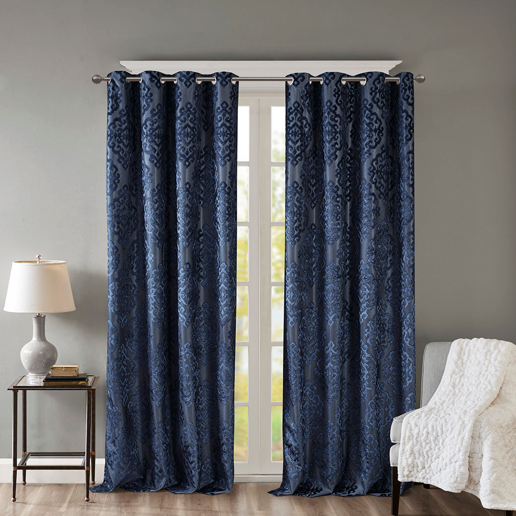 Knitted Jacquard Damask Total Blackout Grommet Top Curtain Panel
