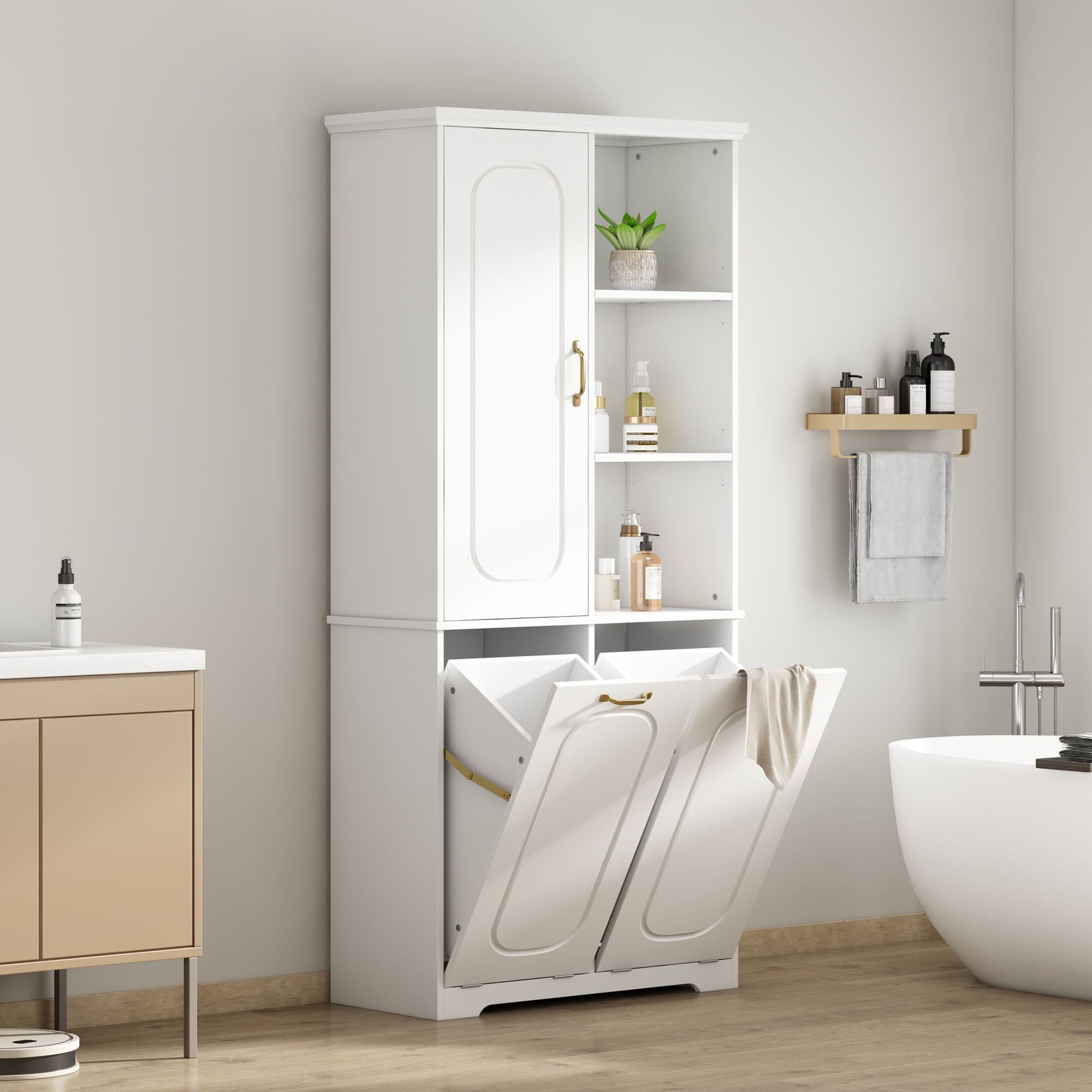 Freestanding Tall Storage Cabinet With 2 Tilt Out Hampers, Adjustable Shelves, Soft Close Door, Door Mounted Organizer - White