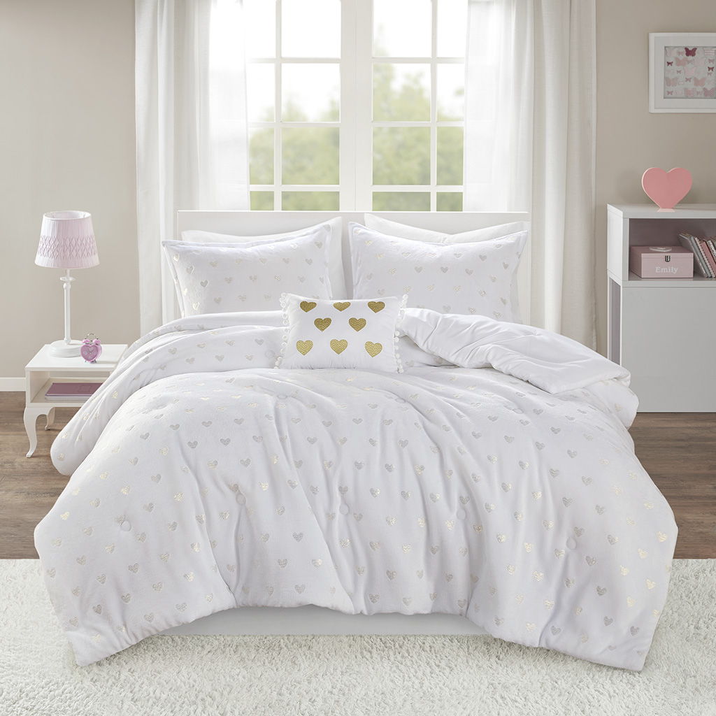 Rosalie - 3 Piece Twin/Twin Long Metallic Printed Plush Comforter Set With Throw Pillow - White/Gold