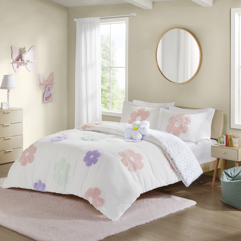 Gracie - Floral Reversible Tufted Chenille Twin Comforter Set With Flower Throw Pillow - White / Purple