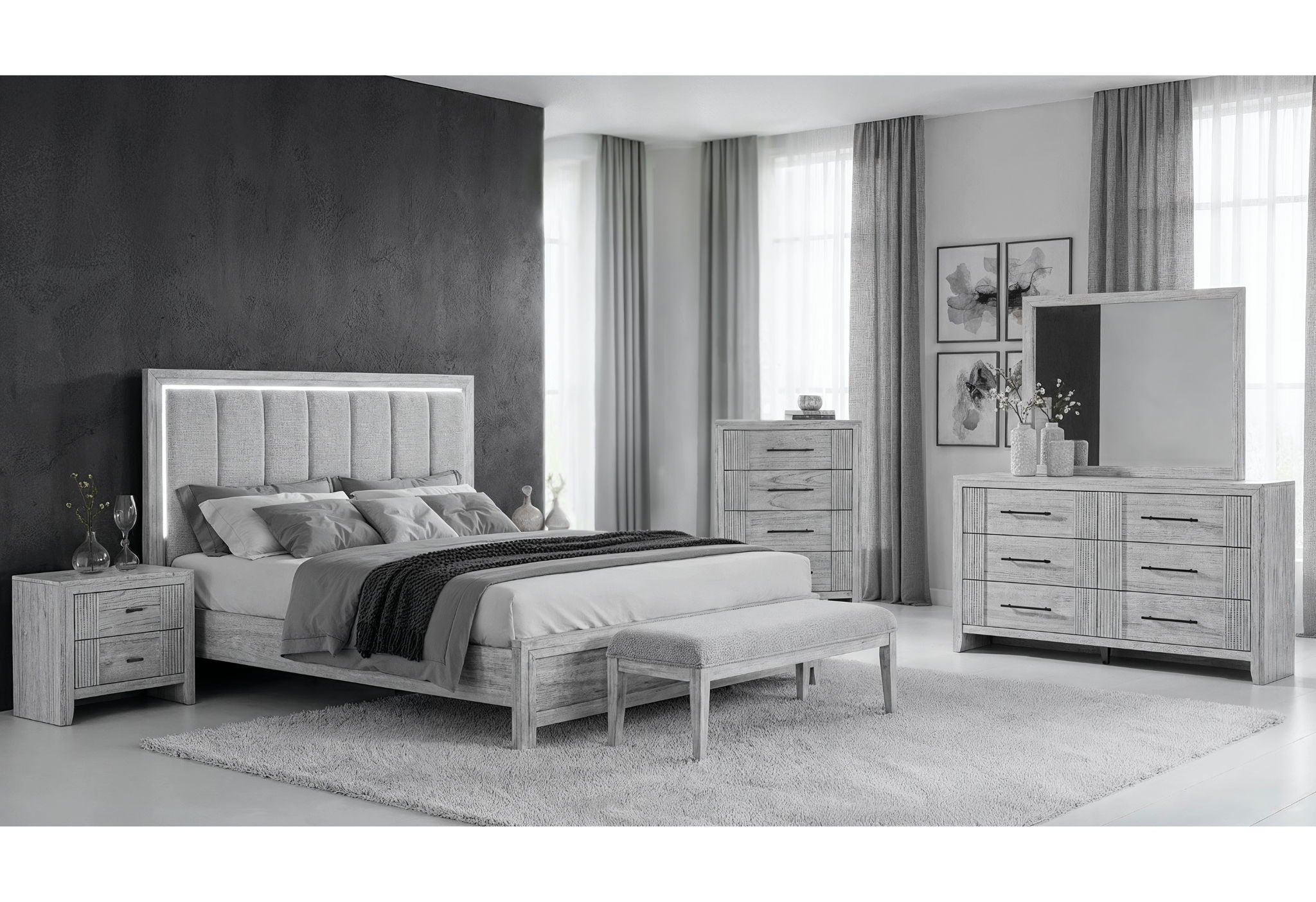 Elsie - 5 Piece King Bedroom Set - Light Grey