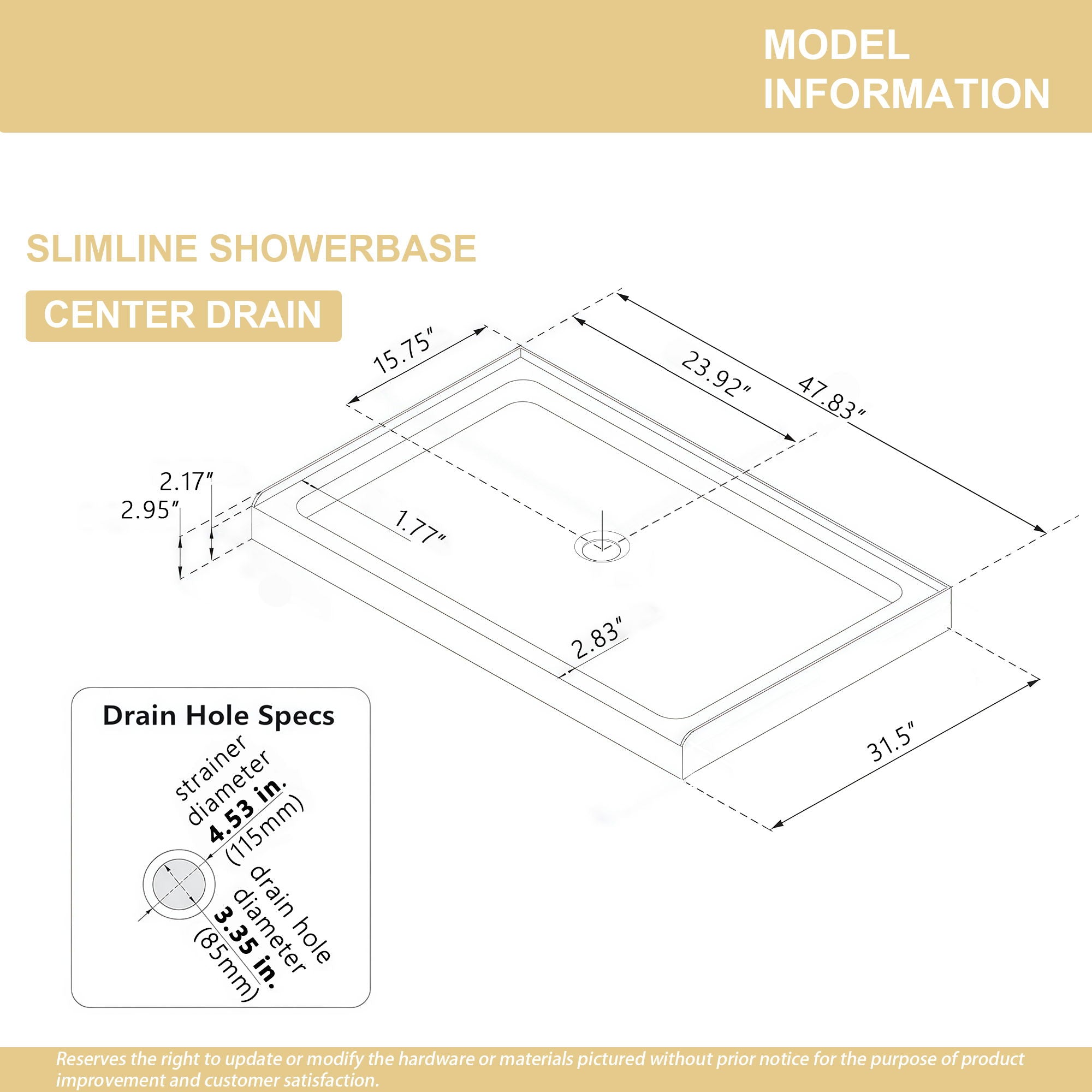 Shower Base, Center Drain With Durable Construction - Gloss White